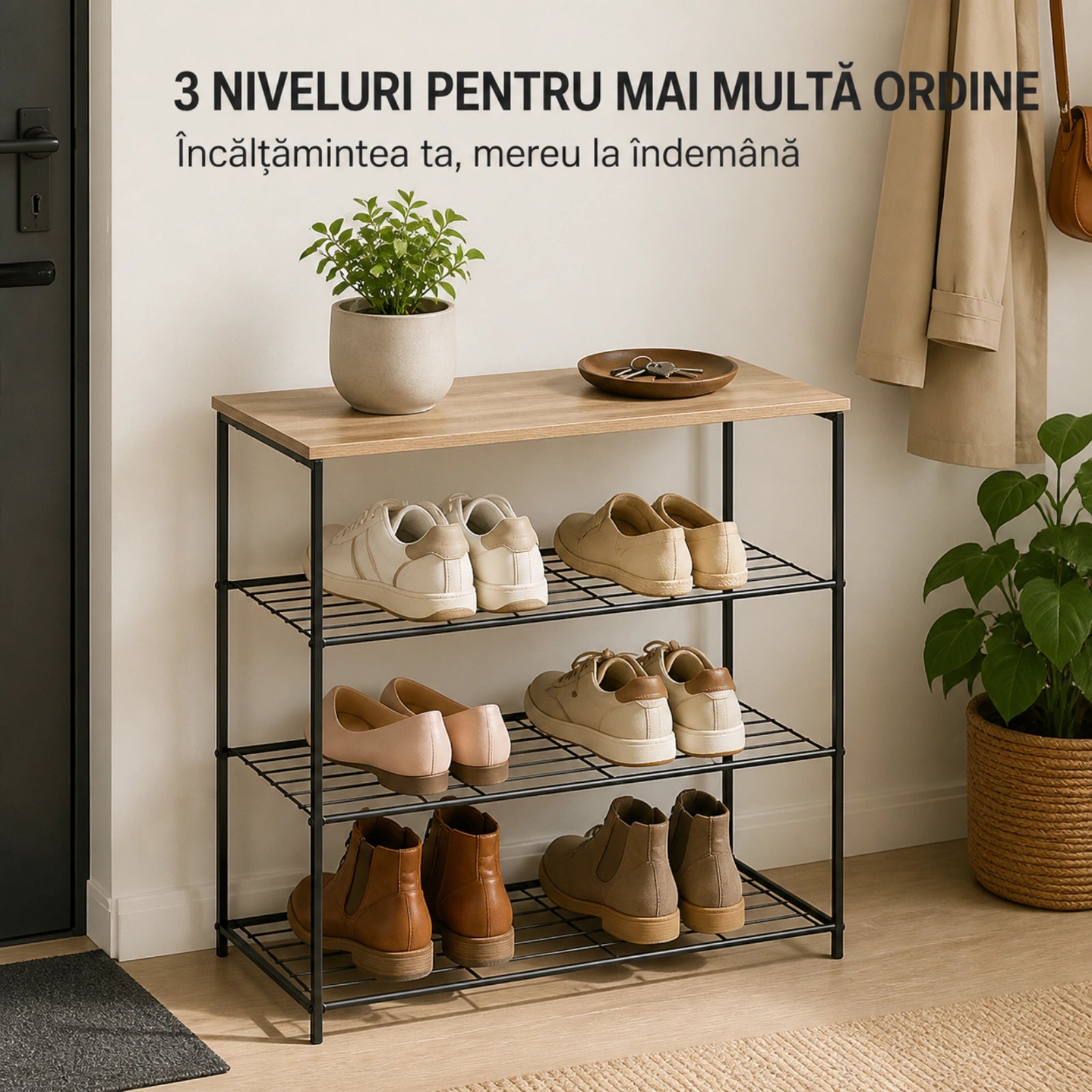 Pantofar HASEPE® Metalic cu Raft din Lemn, 3 Rafturi pentru Incaltaminte, 60x30x63 cm, Pantofar pentru Hol si Intrare