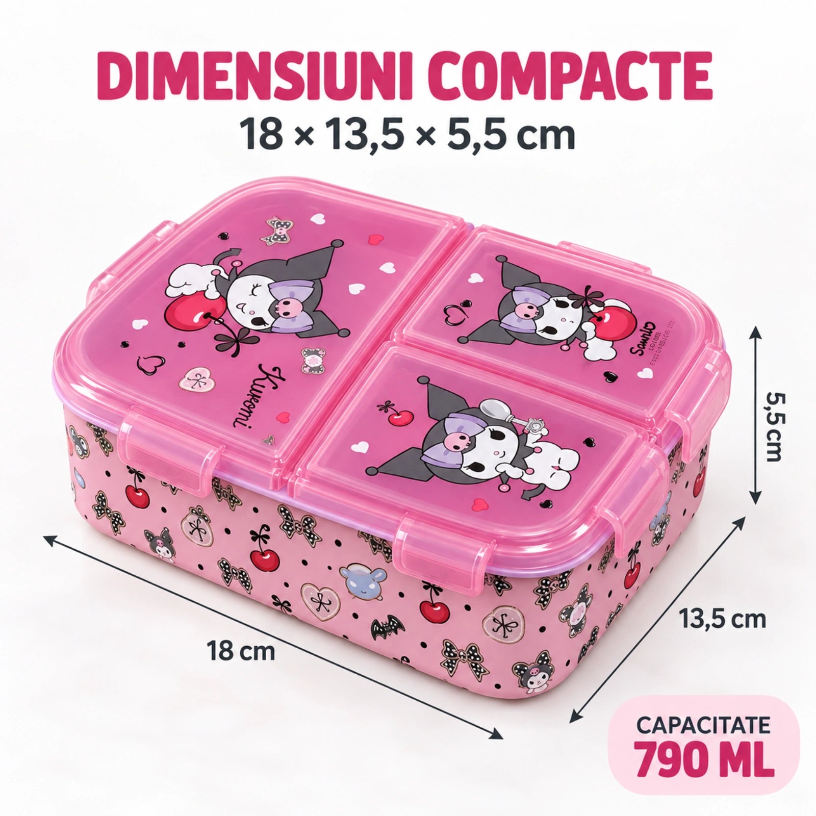 Cutie alimentara HASEPE®, 790 ml, 3 compartimente, caserola copii roz, cutie alimentara pentru scoala si after school