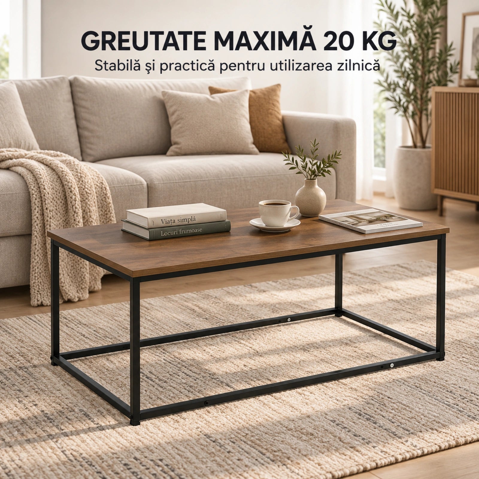 Masa HASEPE® Dreptunghiulara 90x48x40 cm, Blat MDF Culoare Naturala Si Cadru Metalic Negru, Masuta Pentru Living Si Interior