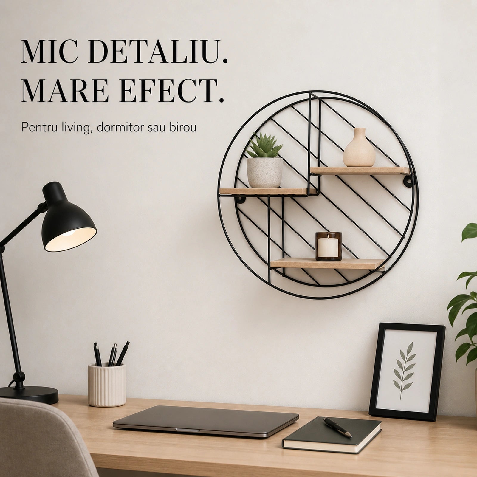 Raft Suspendat HASEPE® Decorativ Rotund, Raft Perete cu 3 Nivele MDF, Etajera Perete Metal si Lemn, Raft Suspendat Ø30x9 cm