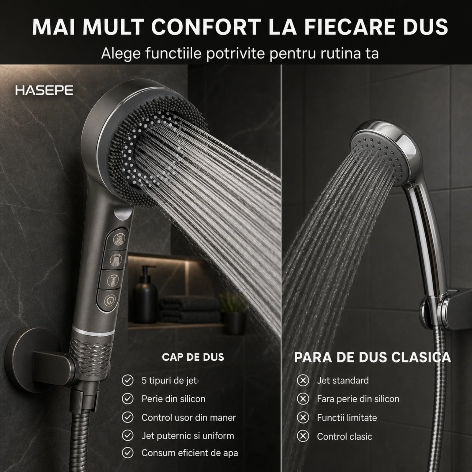 Para Dus HASEPE® Cu 5 Functii, Capat Dus Cu Jet Ploaie si Masaj, Economisire Apa, Montaj Universal 21 mm