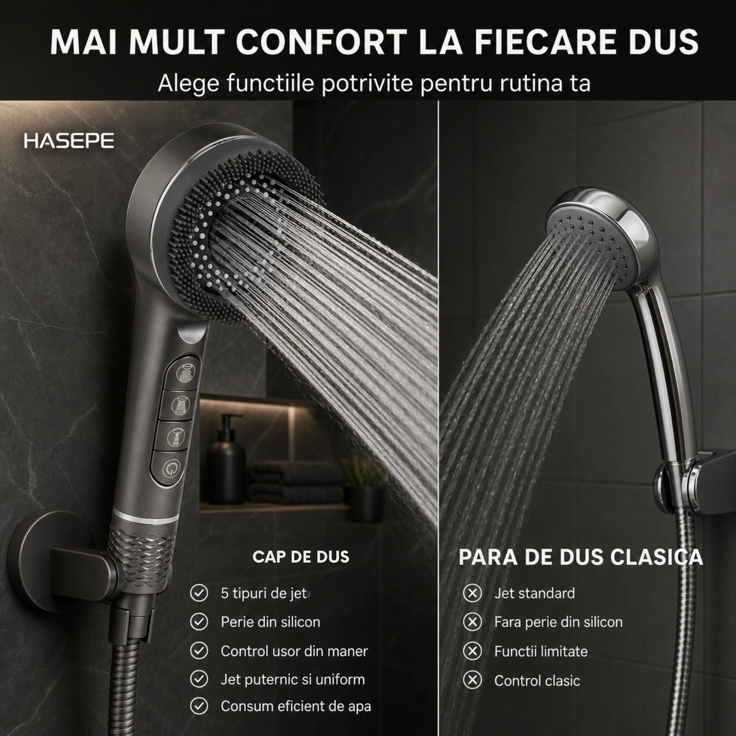 Para Dus HASEPE® Cu 5 Functii, Capat Dus Cu Jet Ploaie si Masaj, Economisire Apa, Montaj Universal 21 mm