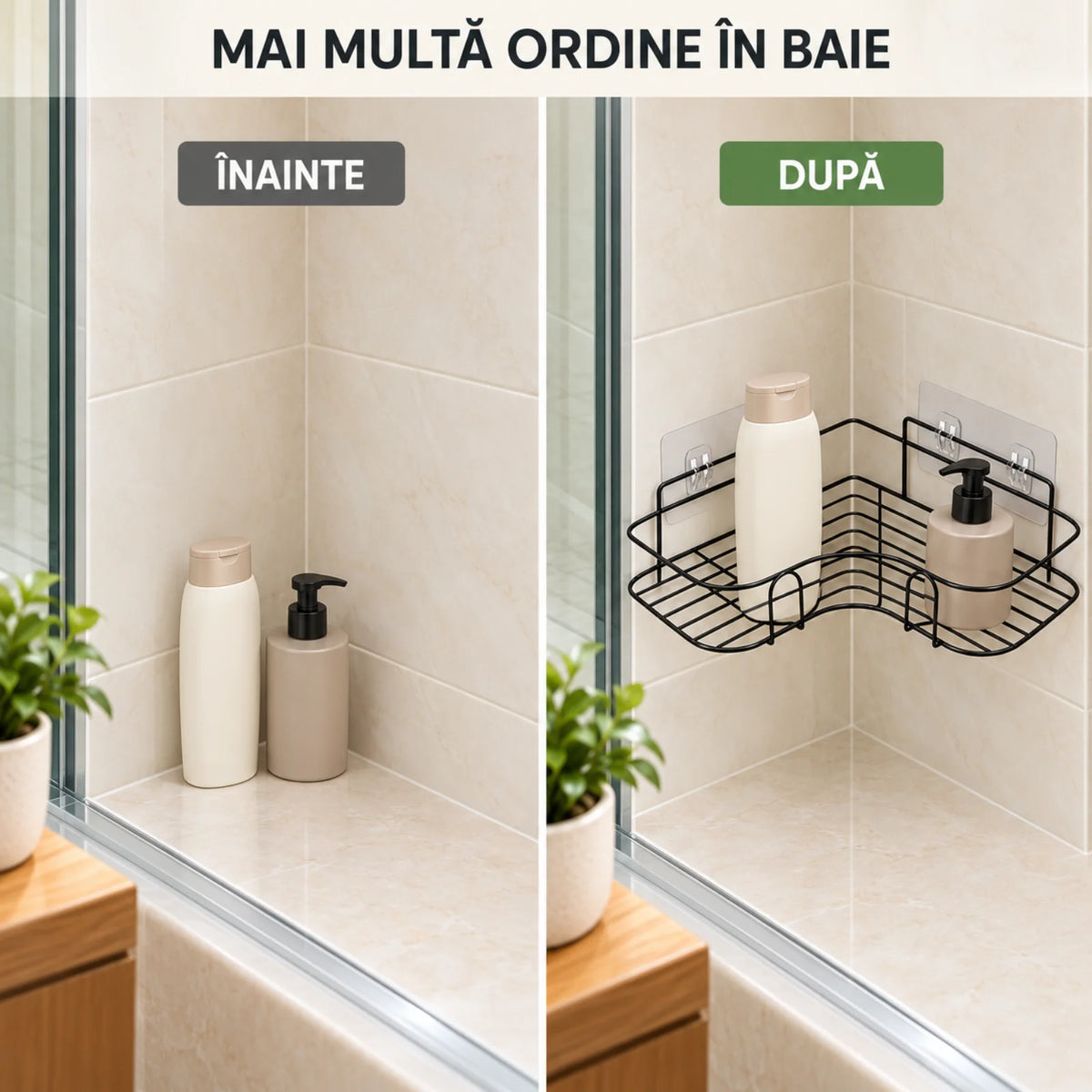 Raft de Dus HASEPE® Pentru Baie Din Metal Negru, Raft Colt Autoadeziv Fara Gaurire 26x26x6cm