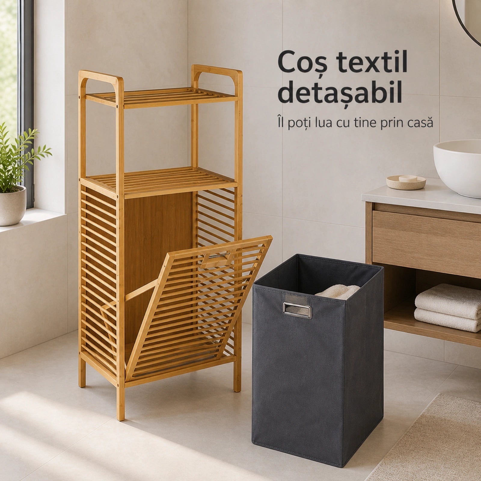 Cos Rufe HASEPE® Din Bambus Cu Rafturi, Cos Rufe Cu Sac Textil Detasabil, 40x30x95cm