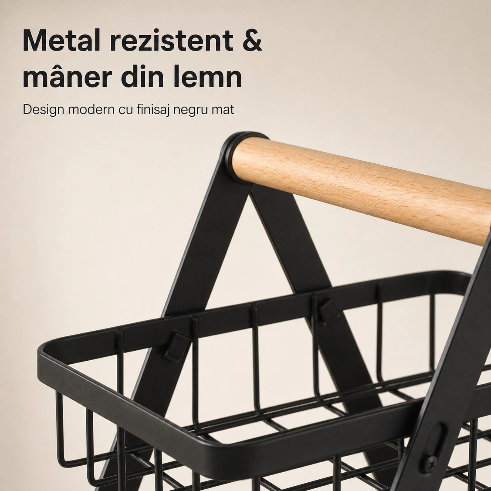 Raft Bucatarie HASEPE® Cu 2 Nivele, Etajera Depozitare Metalica Neagra Cu Maner Din Lemn, 22x14x26cm