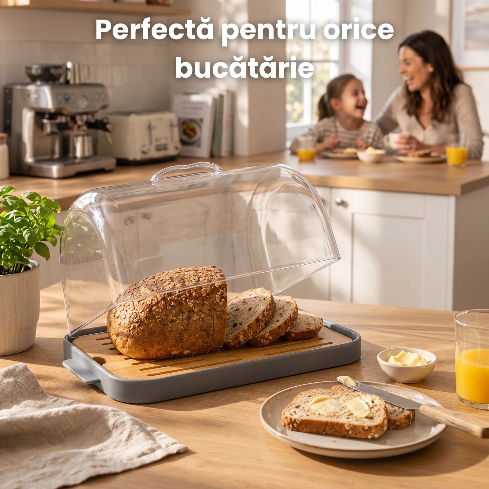 Cutie Paine HASEPE® Cu Capac Transparent, Cutie Depozitare Paine Din Plastic PP Si Bambus