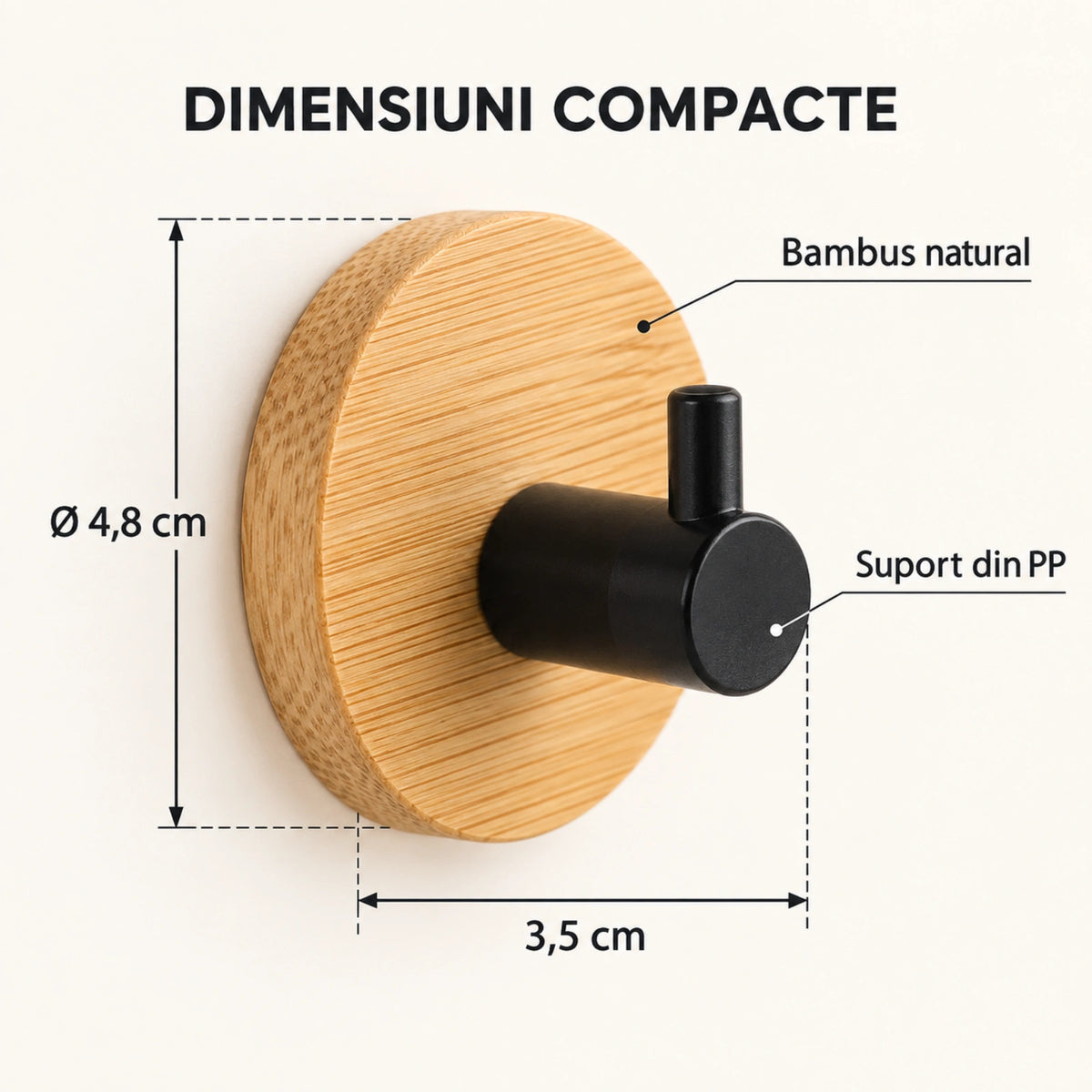Carlige Autoadezive HASEPE® din Bambus, 2 Bucati, Ø4,8 cm, Carlige Baie Rotunde cu Suport Negru PP, Cuier Baie pentru Prosoape si Accesorii Mici de Baie