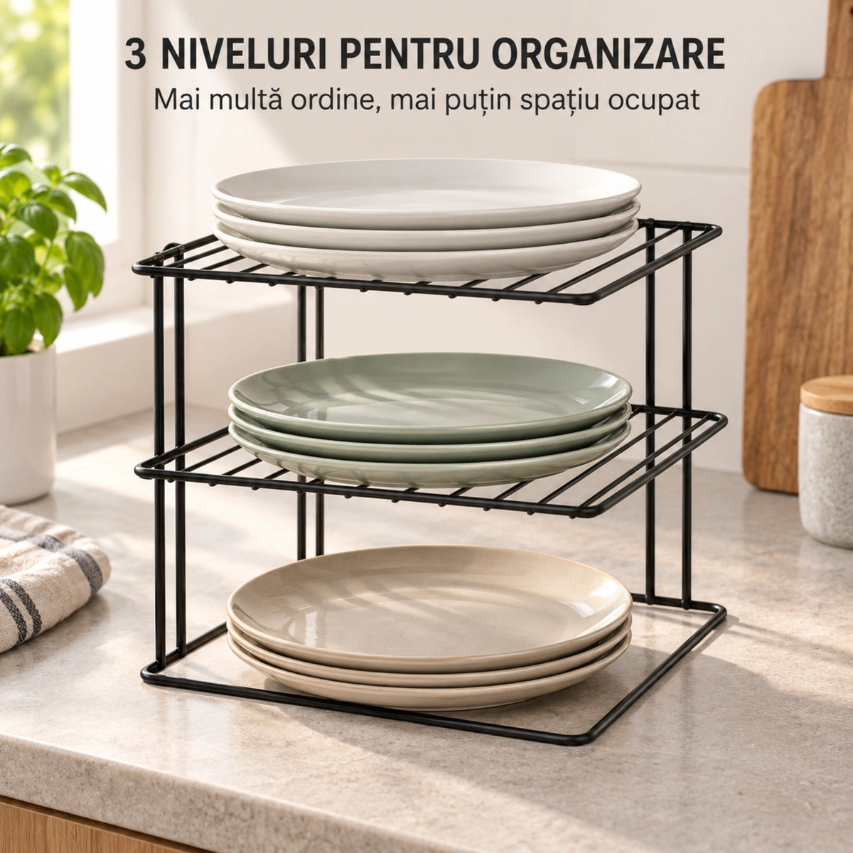 Organizator bucatarie HASEPE® raft de colt cu 3 nivele, metal negru, 23x23x21 cm, raft organizator pentru farfurii si dulap