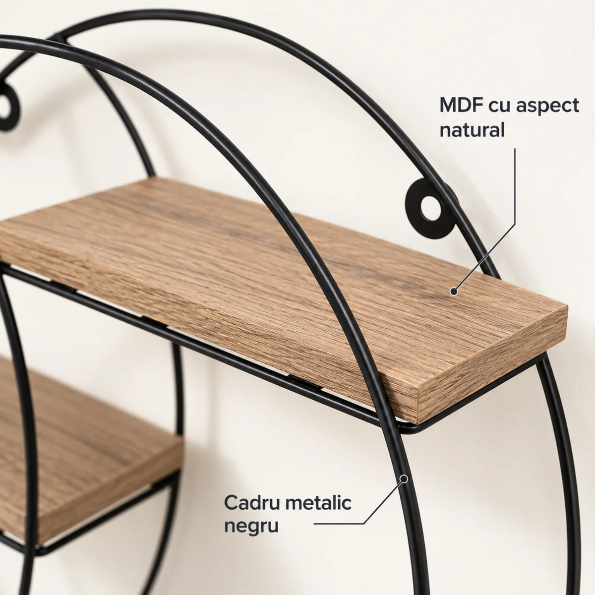 Raft Decorativ HASEPE® Rotund, cu 3 Niveluri din MDF si Cadru Metalic, Raft de Perete Ø30x9 cm