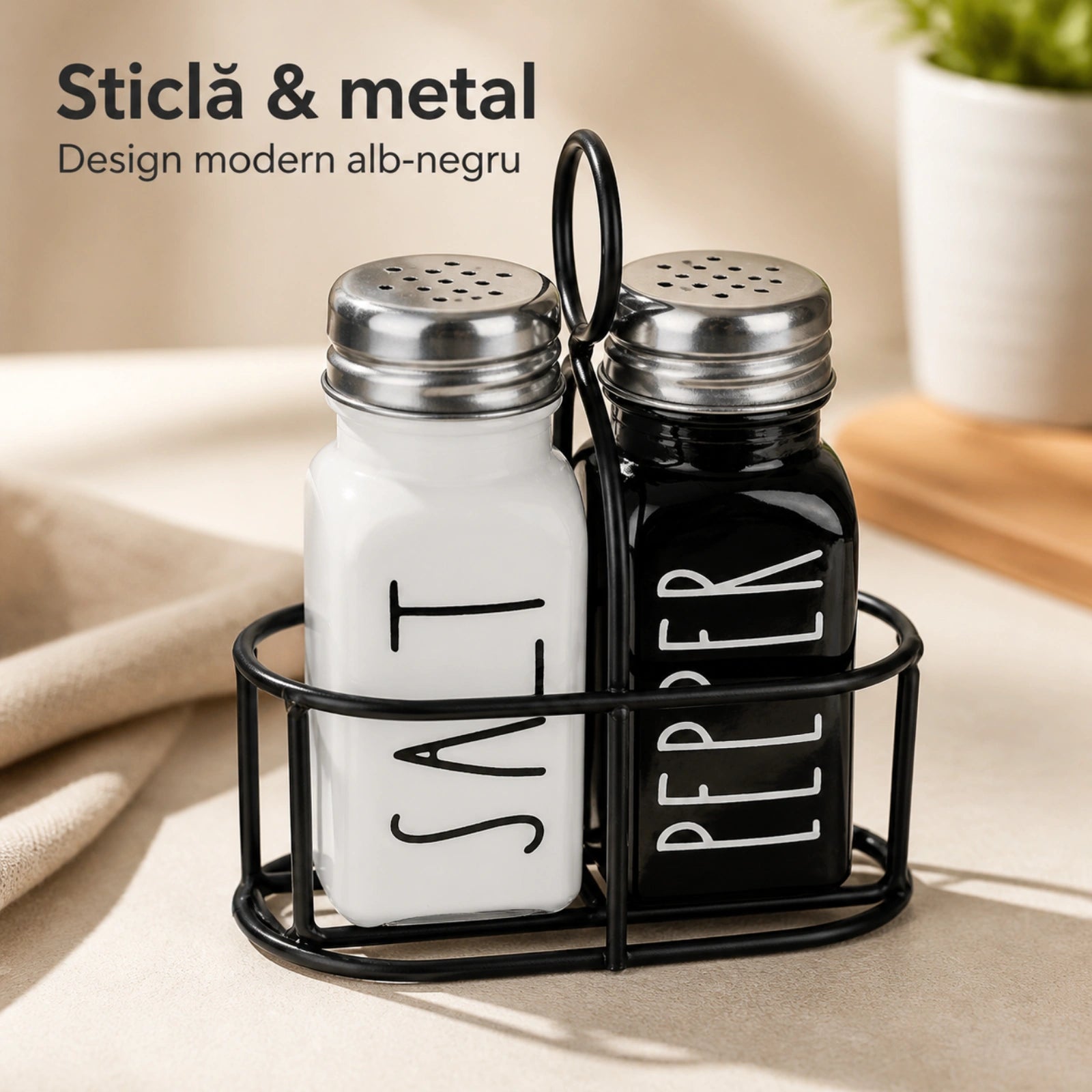 Set Solnita Sare Piper HASEPE® Din Sticla Cu Baza Metalica, Dozator Condimente Elegant 85ml