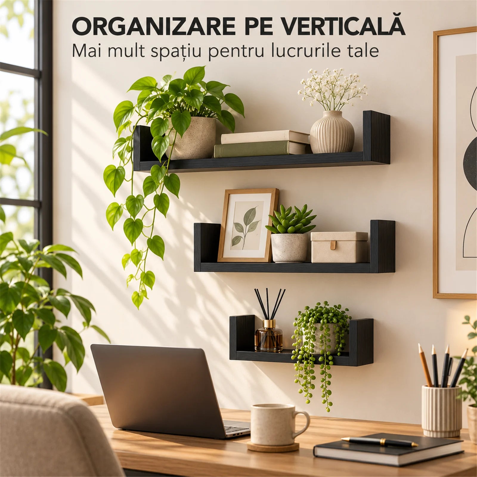 Set 3 Rafturi De Perete HASEPE®, Set 3 Rafturi Suspendate Negru, Rafturi Decorative Cu Suporturi Ascunse