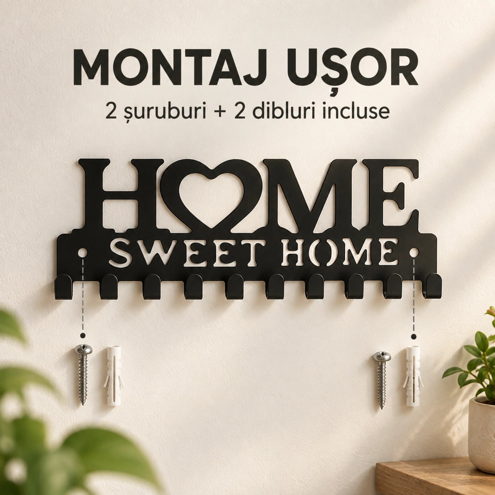 Cuier de perete HASEPE® metalic negru, 10 carlige, model Home Sweet Home, cuier perete pentru chei, 26x9,2x1,7 cm