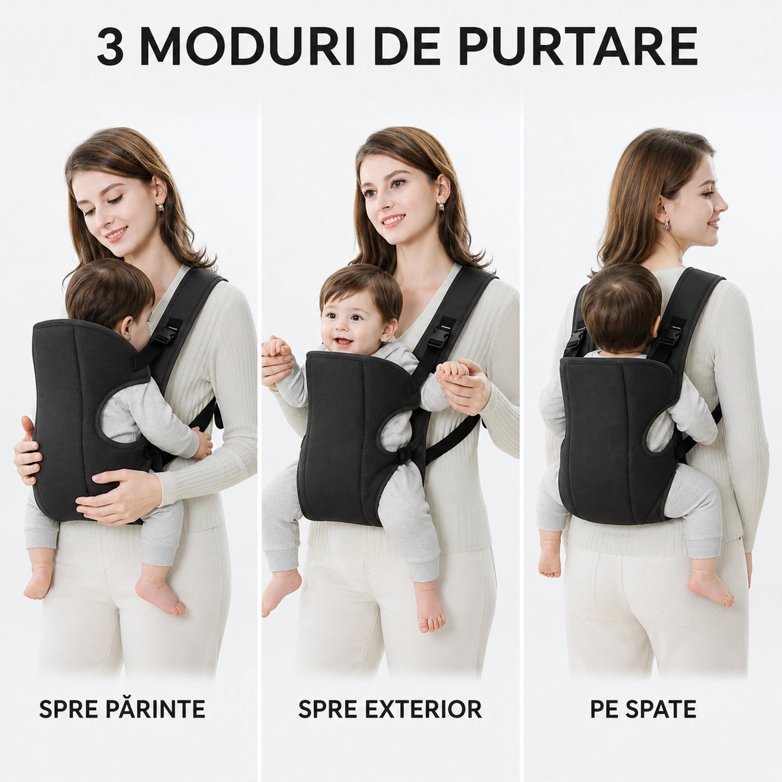 Marsupiu Bebe HASEPE® Ergonomic, Marsupiu Ergonomic Cu Sezut Antiderapant Intarit, Marsupiu Ergonomic 5+ Luni, Max 9 Kg, Negru