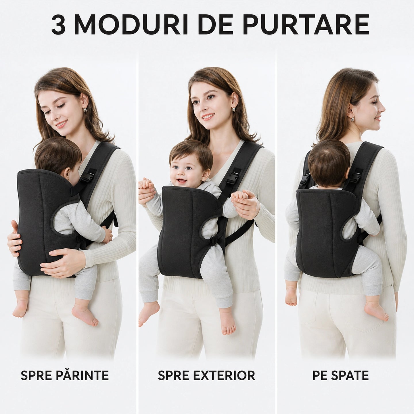 Marsupiu Bebe HASEPE® Ergonomic, Marsupiu Ergonomic Cu Sezut Antiderapant Intarit, Marsupiu Ergonomic 5+ Luni, Max 9 Kg, Negru