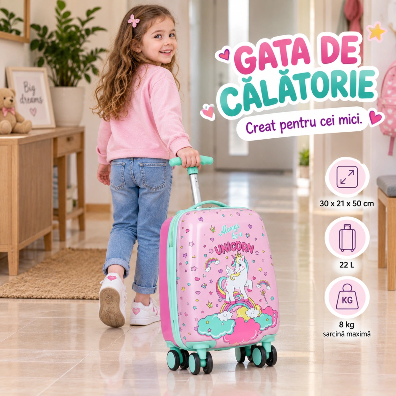 Troler Copii HASEPE® Roz Verde cu Unicorn, Valiza Copii 22.8L din Copolimer ABS, 4 Roti Duble Rotative, Maner Telescopic pana la 85 cm