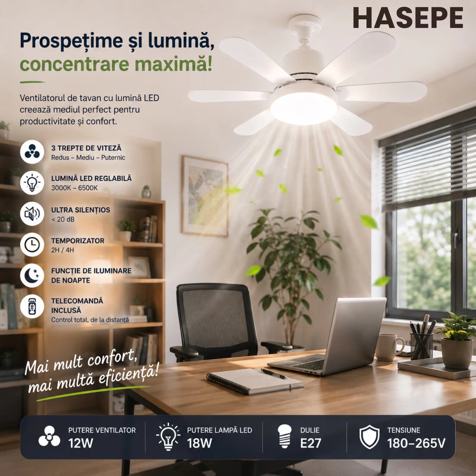 Ventilator HASEPE® Plafon Cu LED, Plafoniera Cu Ventilator E27, Ventilator Plafon 6 Palete, Telecomanda, 3 Trepte Viteza, Timer 2H/4H