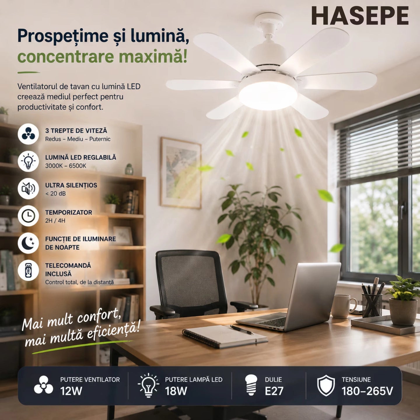 Ventilator HASEPE® Plafon Cu LED, Plafoniera Cu Ventilator E27, Ventilator Plafon 6 Palete, Telecomanda, 3 Trepte Viteza, Timer 2H/4H