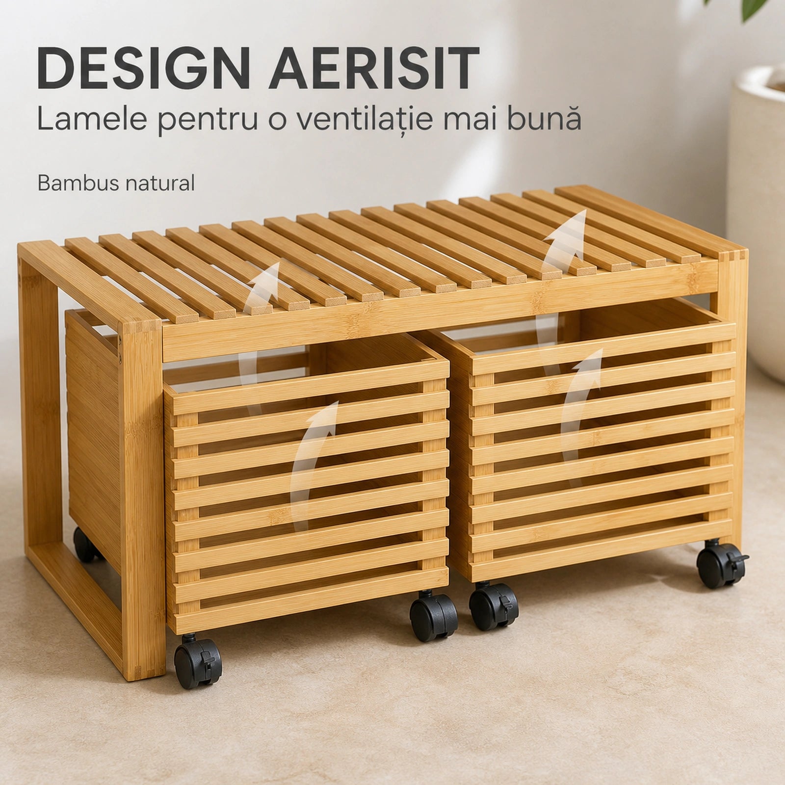 Cos de rufe HASEPE® din Bambus cu Taburet, cos depozitare cu 2 sertare pe roti, banca cu depozitare 38x38,5x75,6 cm