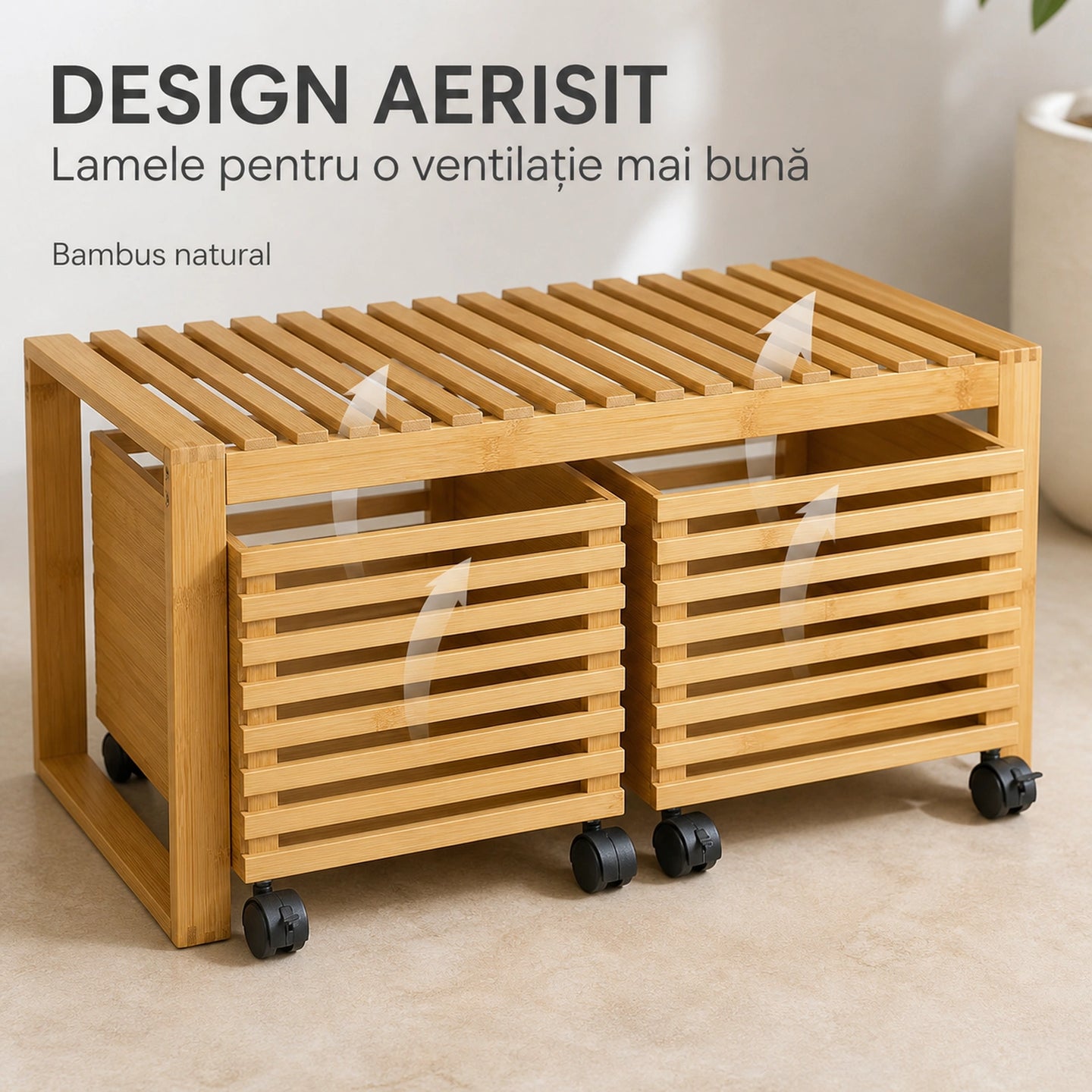 Cos de rufe HASEPE® din Bambus cu Taburet, cos depozitare cu 2 sertare pe roti, banca cu depozitare 38x38,5x75,6 cm