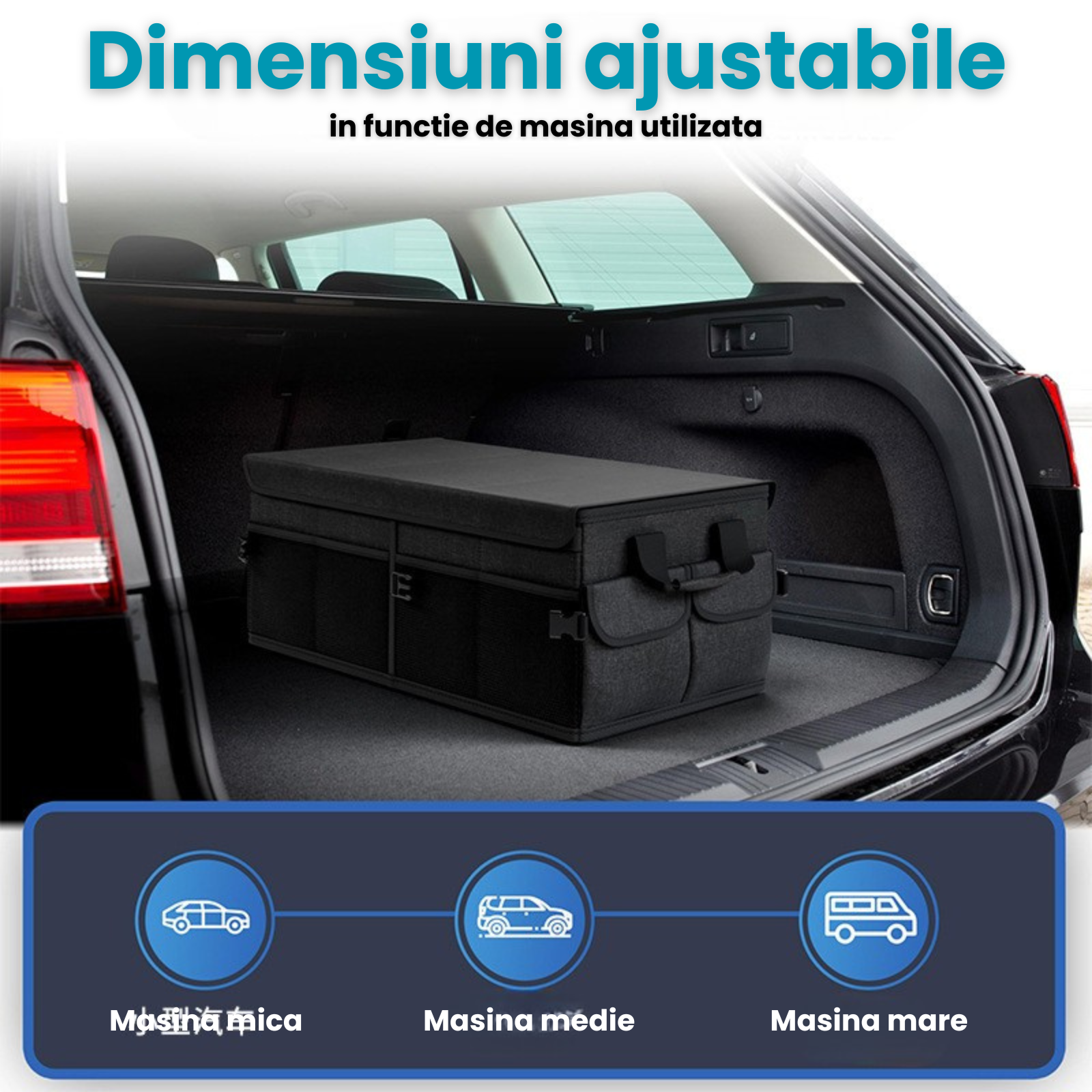 Organizator Portbagaj Auto 60L HASEPE, Pliabil, Multifunctional, Capac Detasabil, Curele Fixare si Baza Antialunecare, 3 Compartimente Mari + Buzunare Laterale, 51x32x37 cm, Negru Oxford