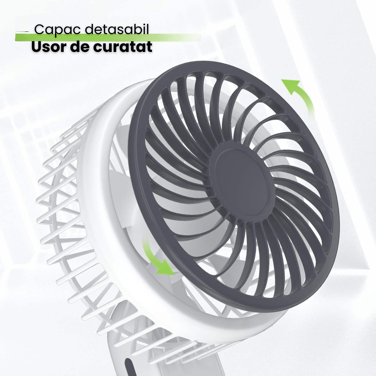 Ventilator portabil pliabil USB HASEPE, 3 viteze, rotire 180°, diametru 21 cm, autonomie 1,5–5 ore, compact si silentios, ideal pentru birou, plaja, calatorii, alb - HASEPE