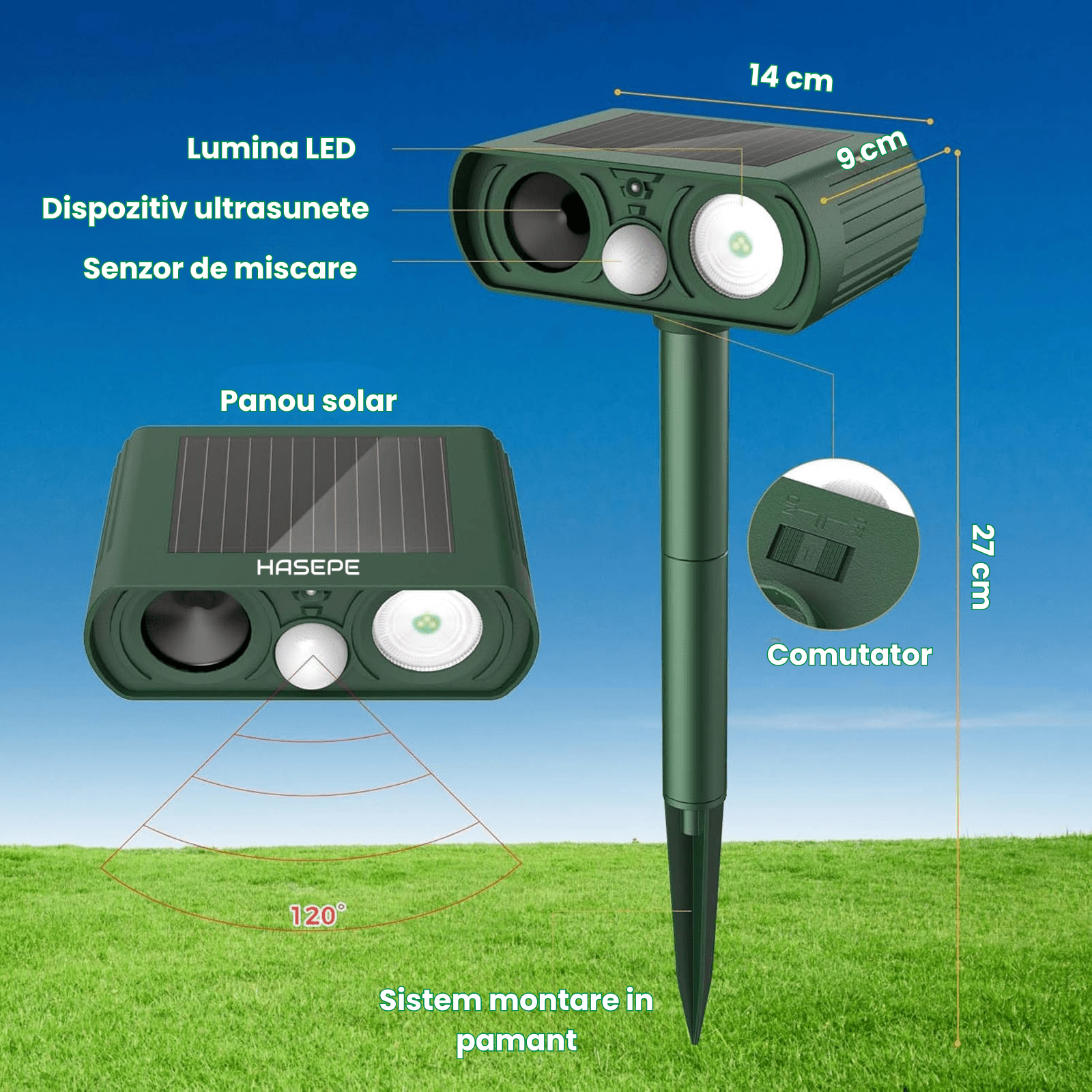 Dispozitiv Ultrasonic Solar Anti - Animale HASEPE, cu Senzor de Miscare 120°, LED Intermitent, Rezistent la Apa IP65, Protectie Ecologica pentru Gradina, Impotriva Pisicilor, Cainilor, Rozatoarelor si C - HASEPE
