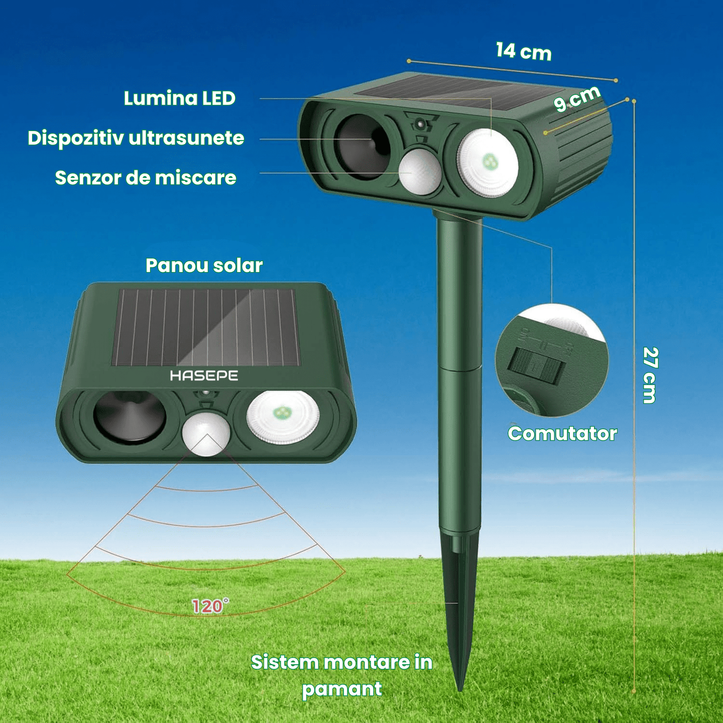 Dispozitiv Ultrasonic Solar Anti - Animale HASEPE, cu Senzor de Miscare 120°, LED Intermitent, Rezistent la Apa IP65, Protectie Ecologica pentru Gradina, Impotriva Pisicilor, Cainilor, Rozatoarelor si C - HASEPE
