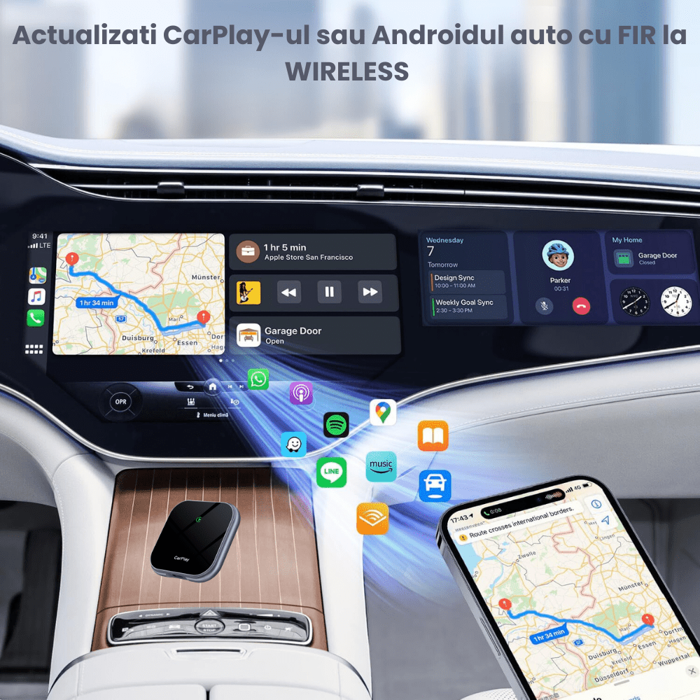 Modulator Auto CarPlay si Android Auto Wireless 2 in 1 HASEPE, Plug & Play, Compatibil iOS 10+ si Android 11+, WiFi 2.4/5Ghz, Procesor AI, Conectare Automata, Upgrade Masini cu CarPlay/Android Auto - HASEPE