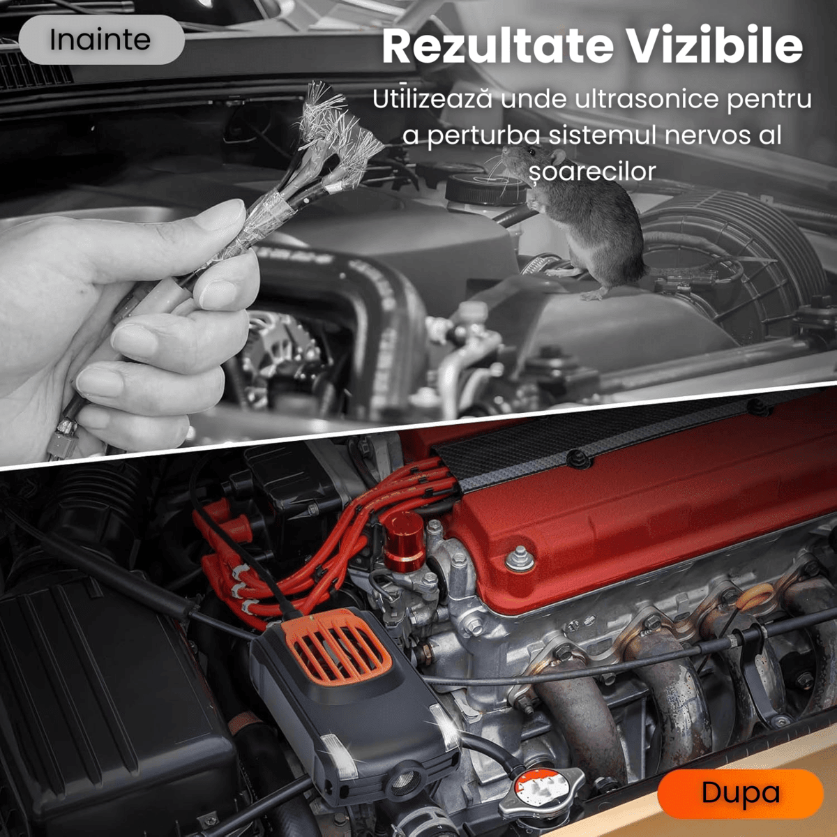 Aparat Anti Rozatoare Auto HASEPE, Anti Soareci si Sobolani, Protectie Motoare Masini, Ultrasunete si LED Intermitent, 2 Alimentari (Baterie/12V), Mod Auto Standby, Negru - HASEPE