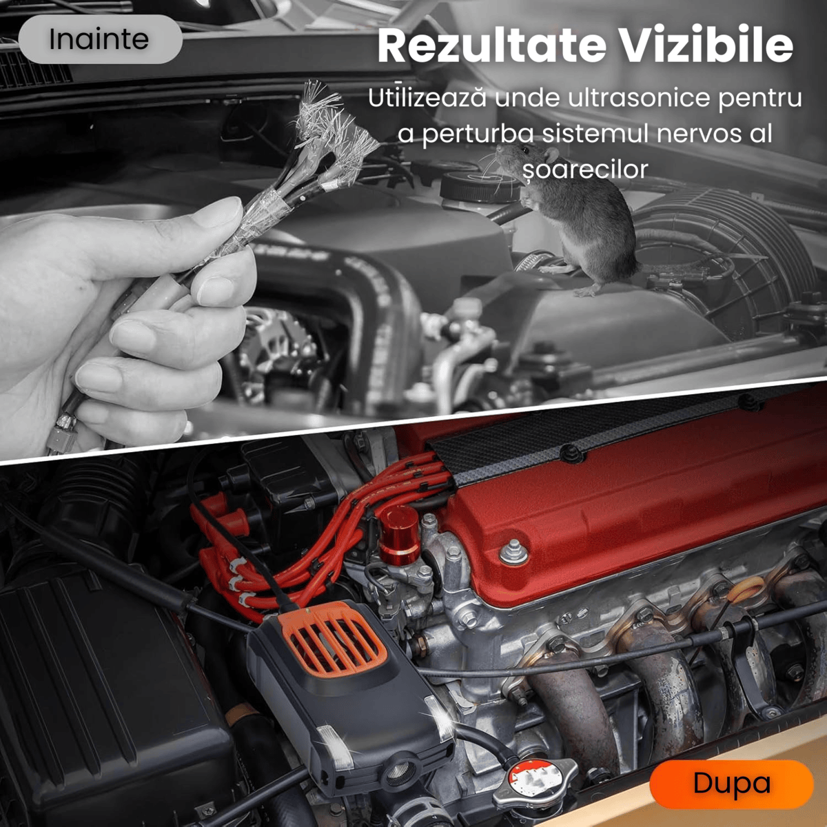 Aparat Anti Rozatoare Auto HASEPE, Anti Soareci si Sobolani, Protectie Motoare Masini, Ultrasunete si LED Intermitent, 2 Alimentari (Baterie/12V), Mod Auto Standby, Negru