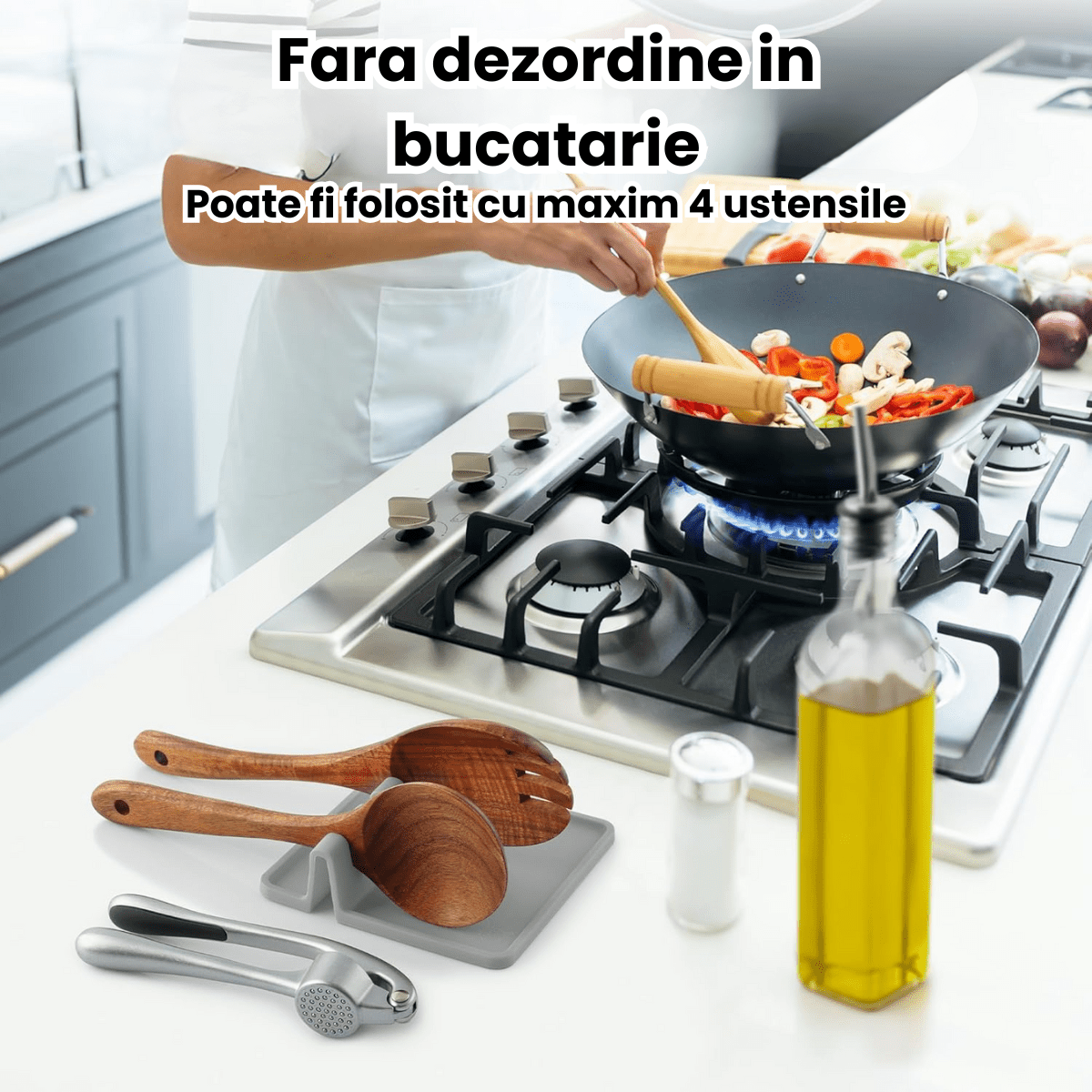 Suport Ustensile Bucatarie HASEPE Din Silicon Cu 4 Compartimente, Suport Lingura Silicon Pentru Gatit Curat, Organizator Tacamuri Pentru Blat, Rezistent La Caldura, Baza Anti - Alunecare, Design Modern - HASEPE