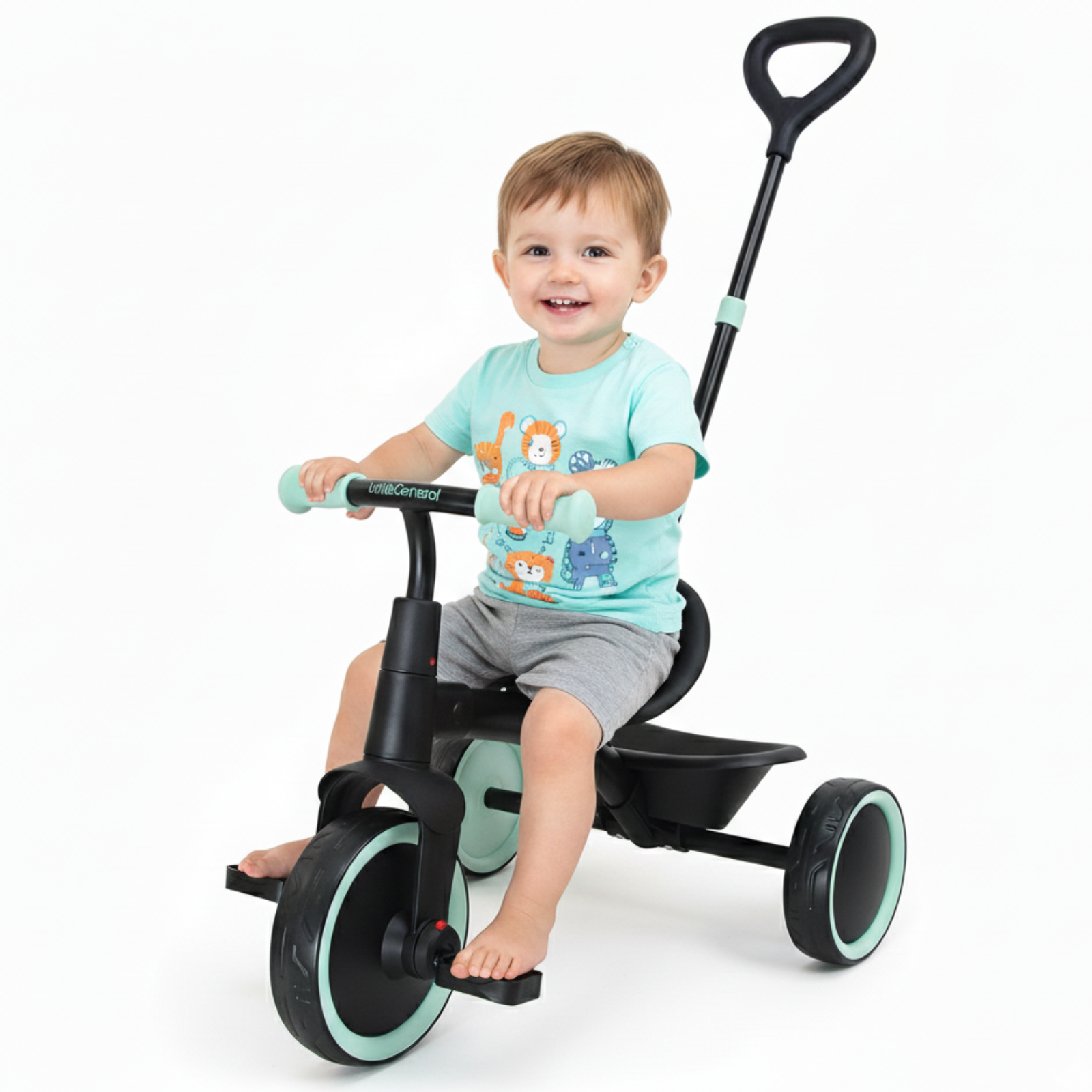 Tricicleta 2 in 1 HASEPE, cadru metalic si maner de control detasabil, roti mari, centura de siguranta in 3 puncte, cosulet pentru depozitare