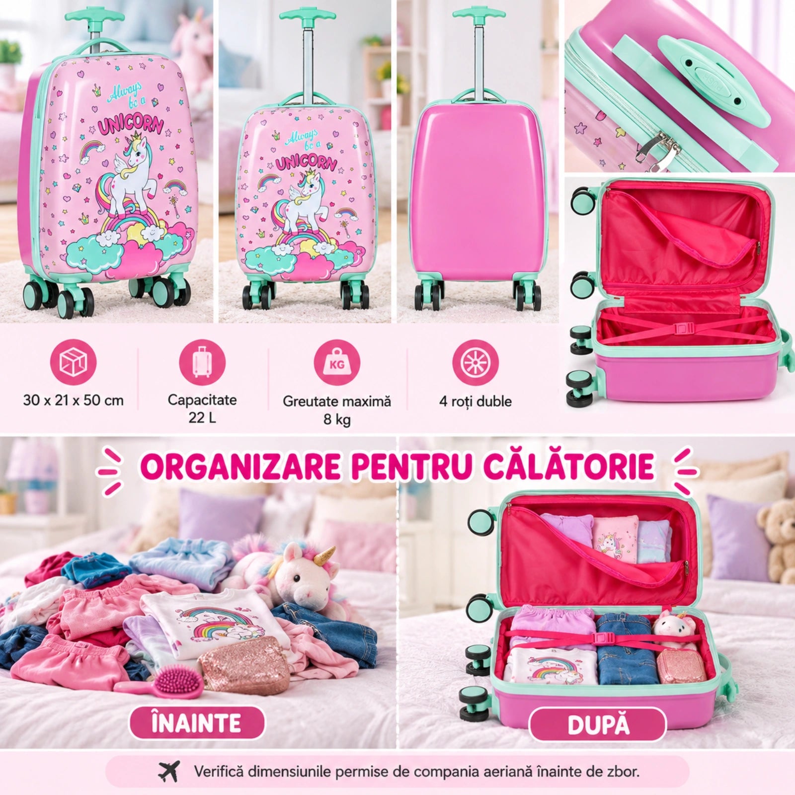 Troler Copii HASEPE® Roz Verde cu Unicorn, Valiza Copii 22.8L din Copolimer ABS, 4 Roti Duble Rotative, Maner Telescopic pana la 85 cm
