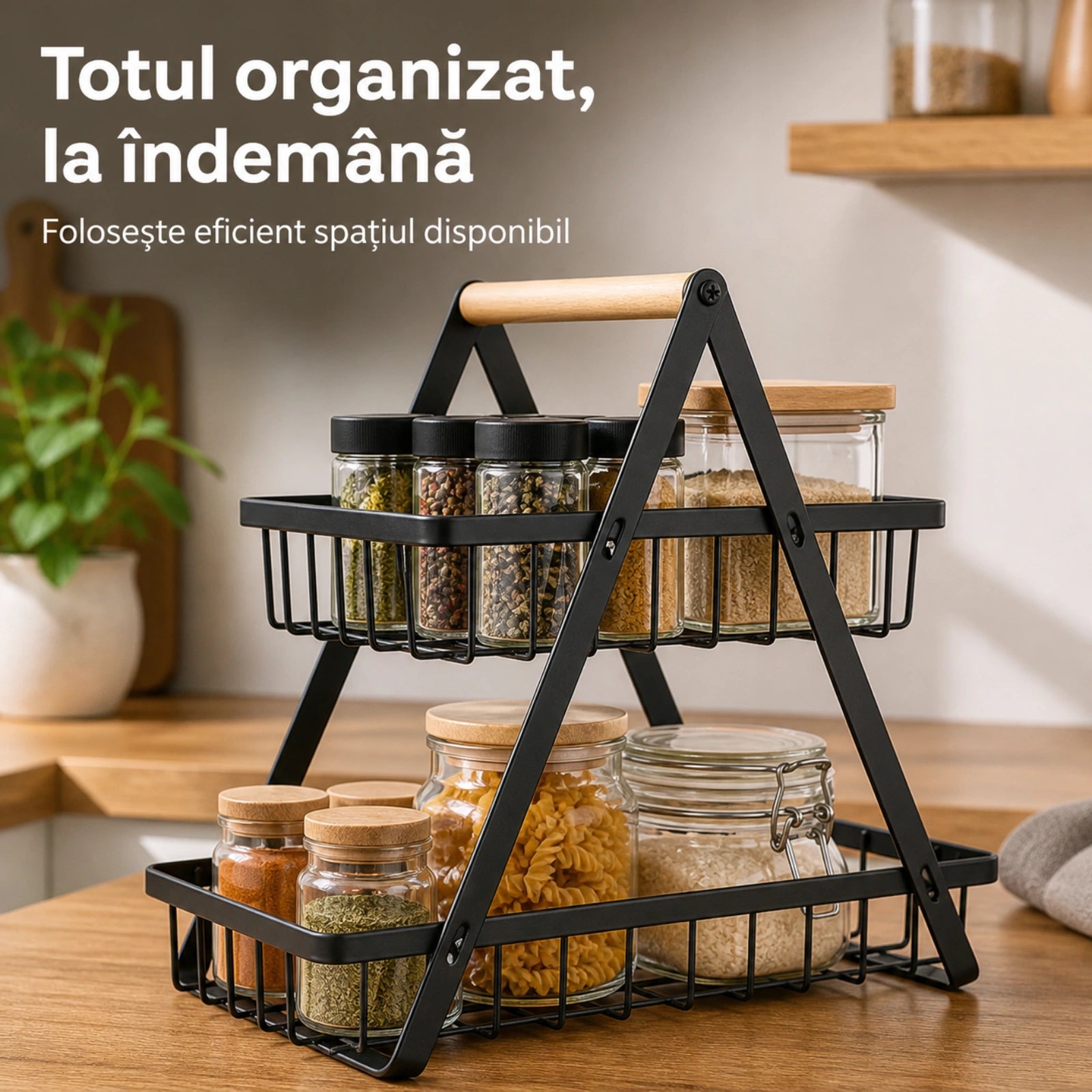 Raft Bucatarie HASEPE® Cu 2 Nivele, Etajera Depozitare Metalica Neagra Cu Maner Din Lemn, 22x14x26cm