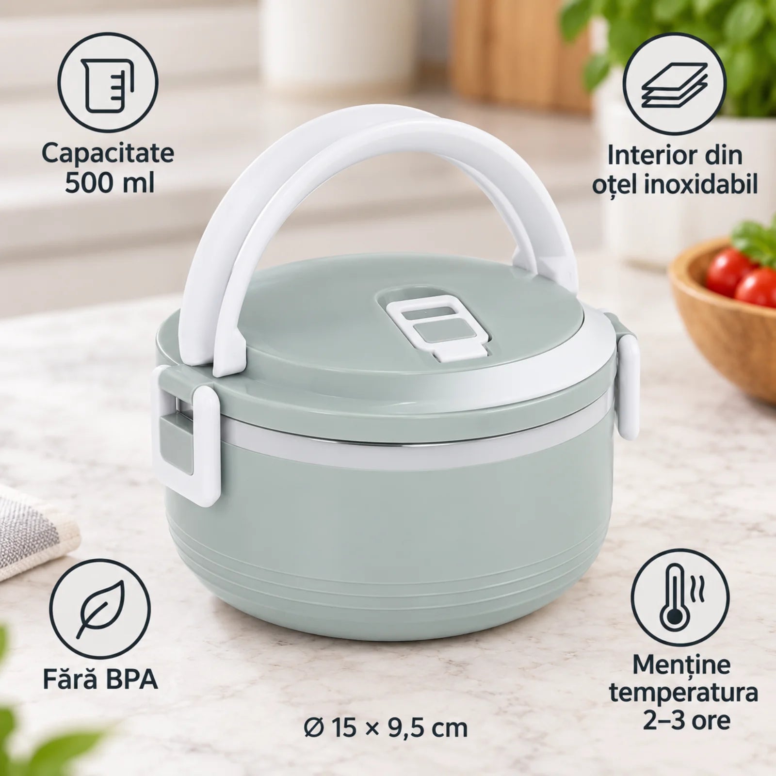 Caserola Termica HASEPE® Rotunda, 500 ml, Gri, Interior din Otel Inoxidabil