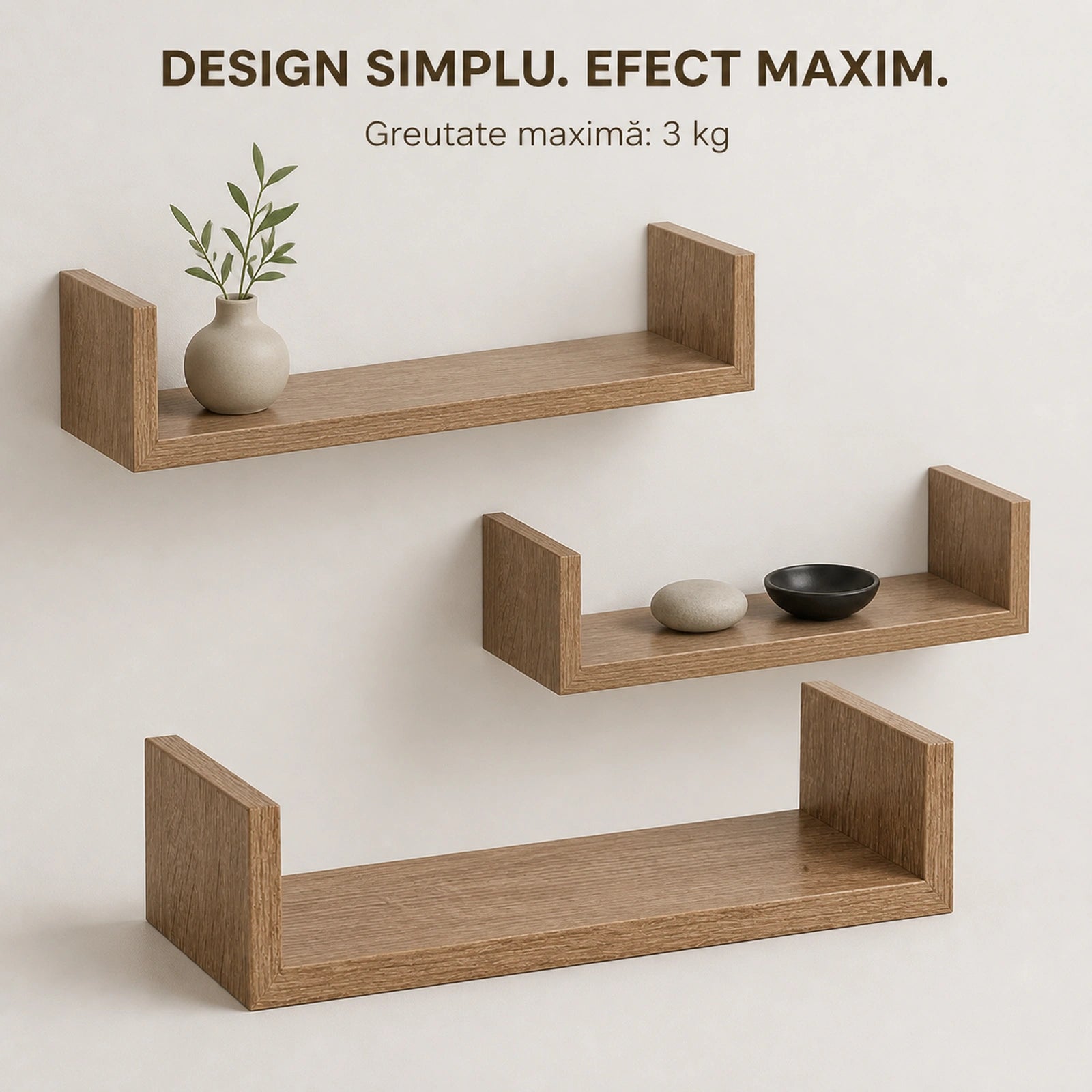 Set 3 Rafturi De Perete HASEPE®, Set 3 Rafturi Suspendate Maro, Rafturi Decorative Cu Suporturi Ascunse