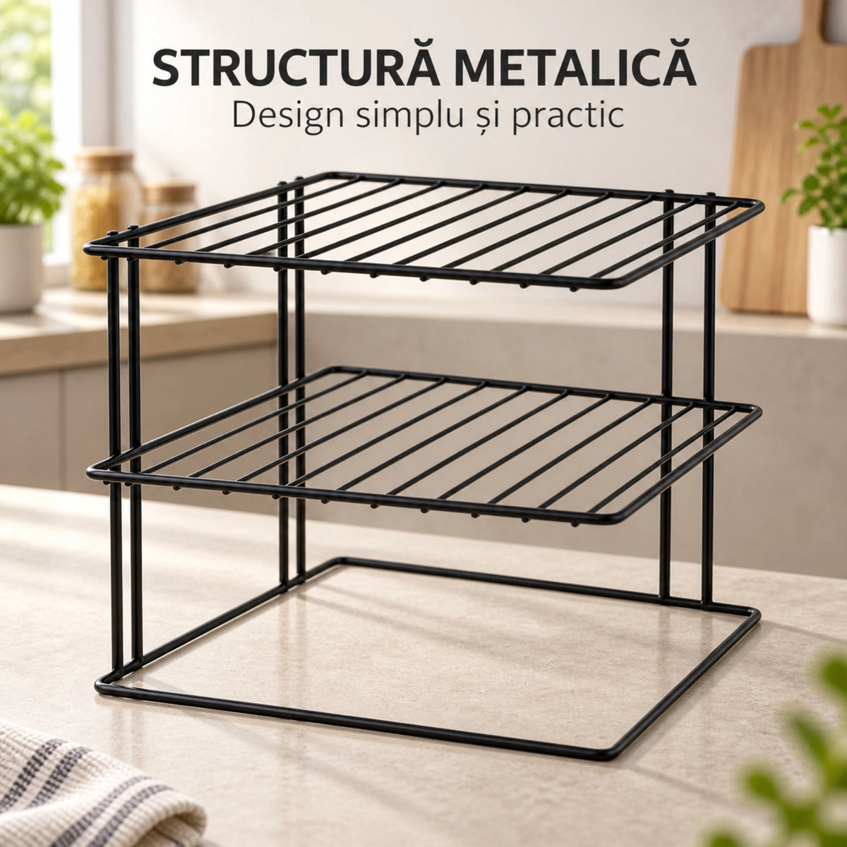 Organizator bucatarie HASEPE® raft de colt cu 3 nivele, metal negru, 23x23x21 cm, raft organizator pentru farfurii si dulap