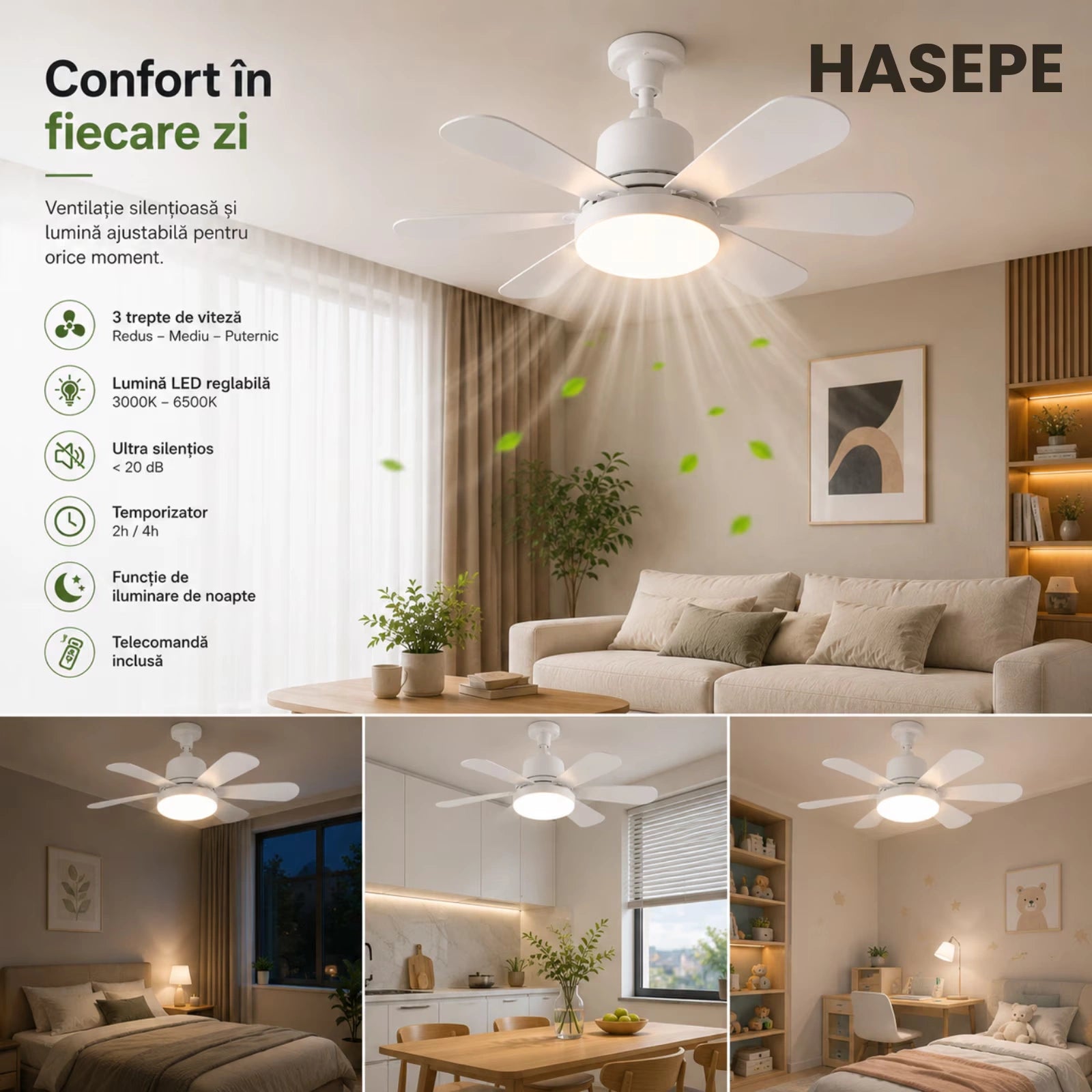 Ventilator HASEPE® Plafon Cu LED, Plafoniera Cu Ventilator E27, Ventilator Plafon 6 Palete, Telecomanda, 3 Trepte Viteza, Timer 2H/4H