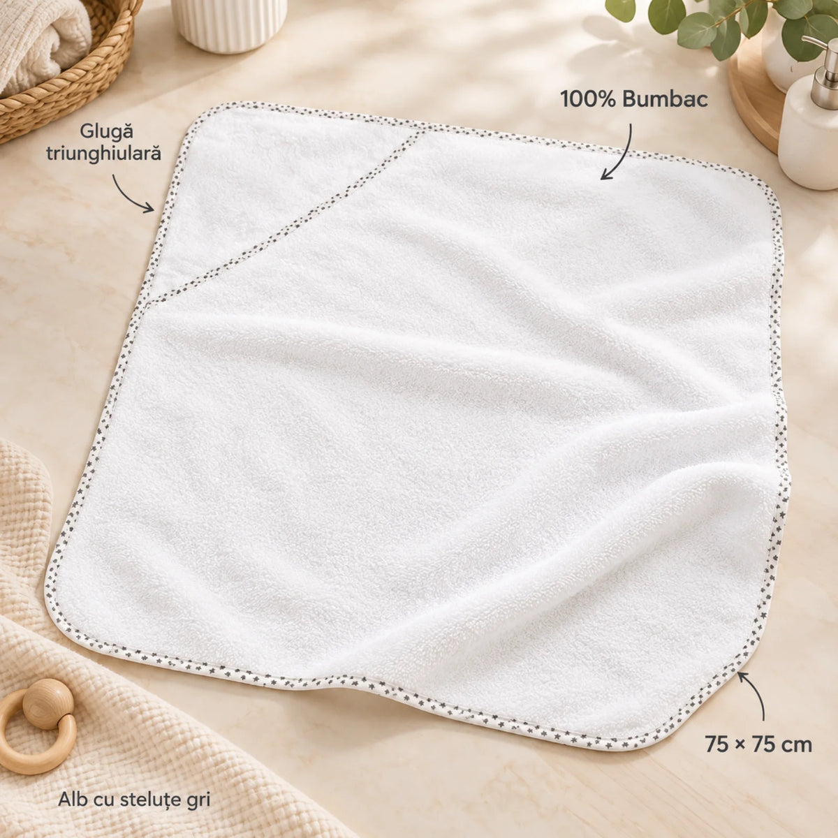 Prosop cu Gluga HASEPE®, din Bumbac, Alb cu Stele Gri, 75x75 cm