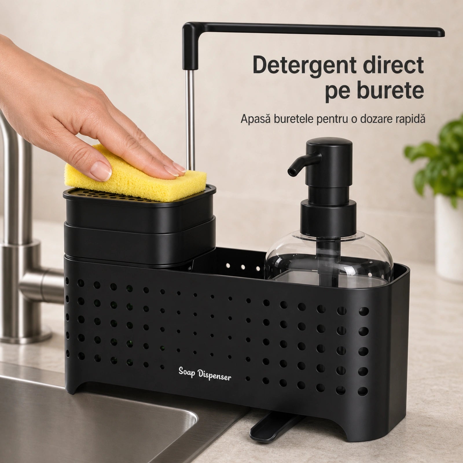 Dozator Sapun HASEPE® pentru Organizare Chiuveta, Dispenser Sapun pentru Detergent si Bureti, 23x10x24,5 cm