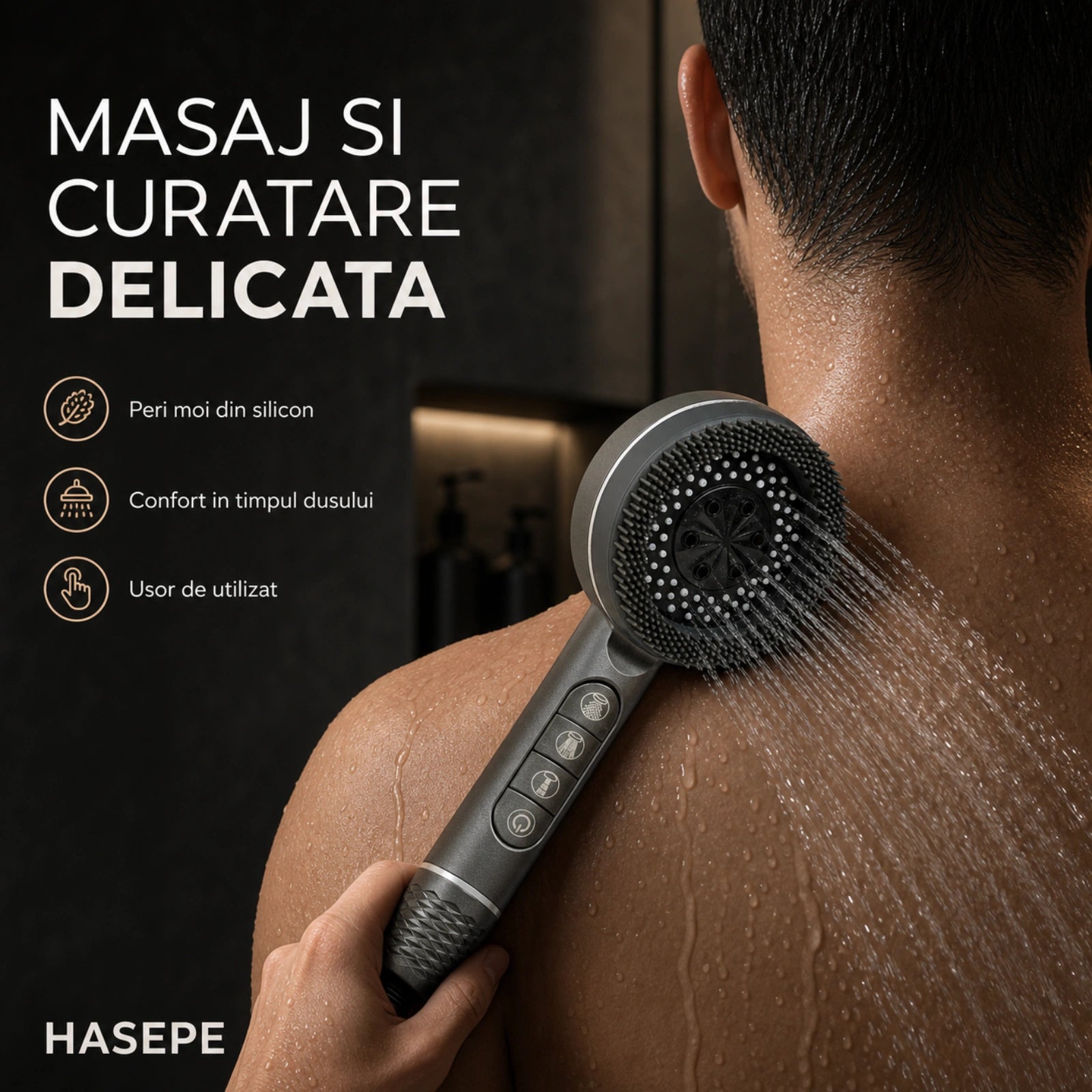 Para Dus HASEPE® Cu 5 Functii, Capat Dus Cu Jet Ploaie si Masaj, Economisire Apa, Montaj Universal 21 mm