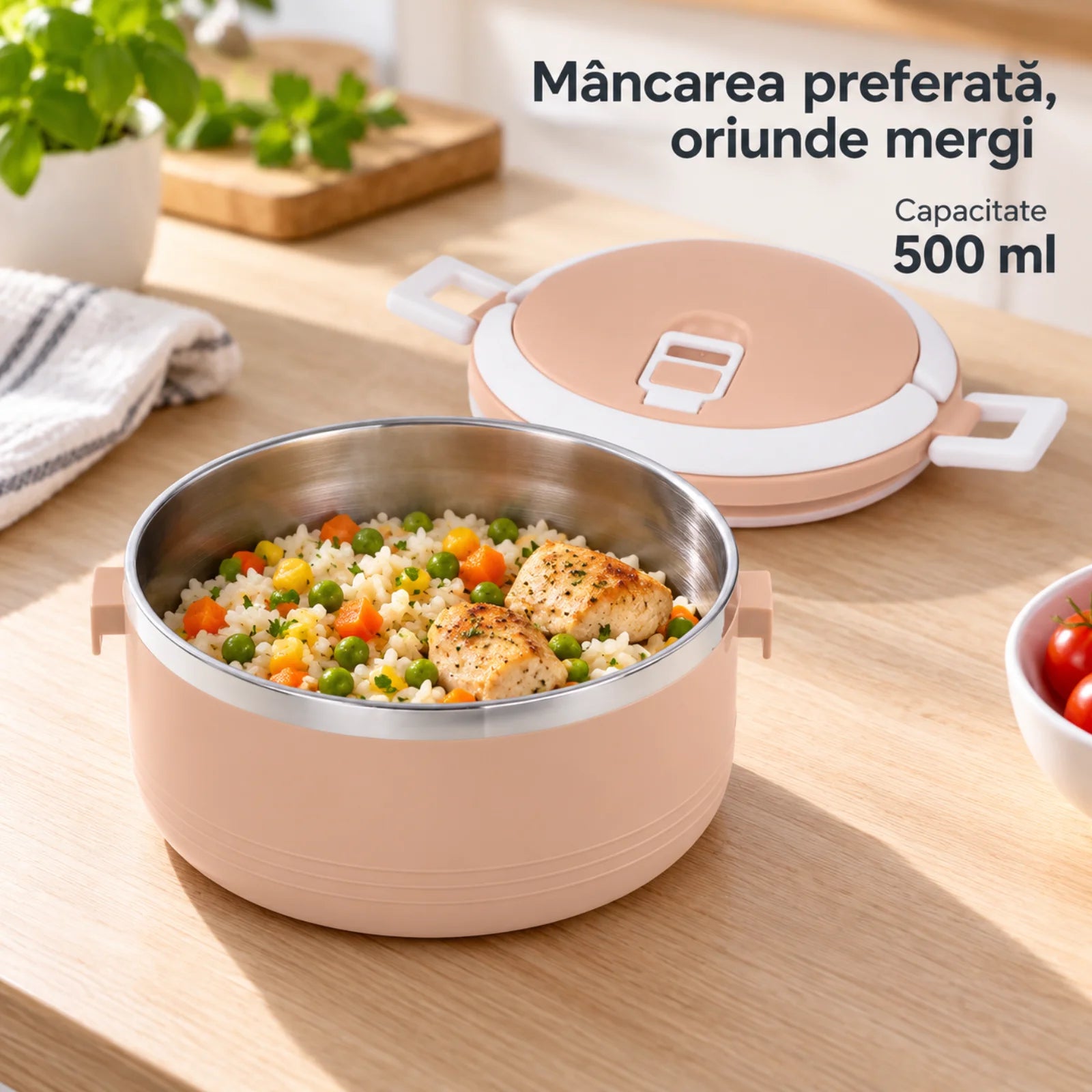 Caserola Termica HASEPE® Rotunda, 500 ml, Roz, Interior din Otel Inoxidabil