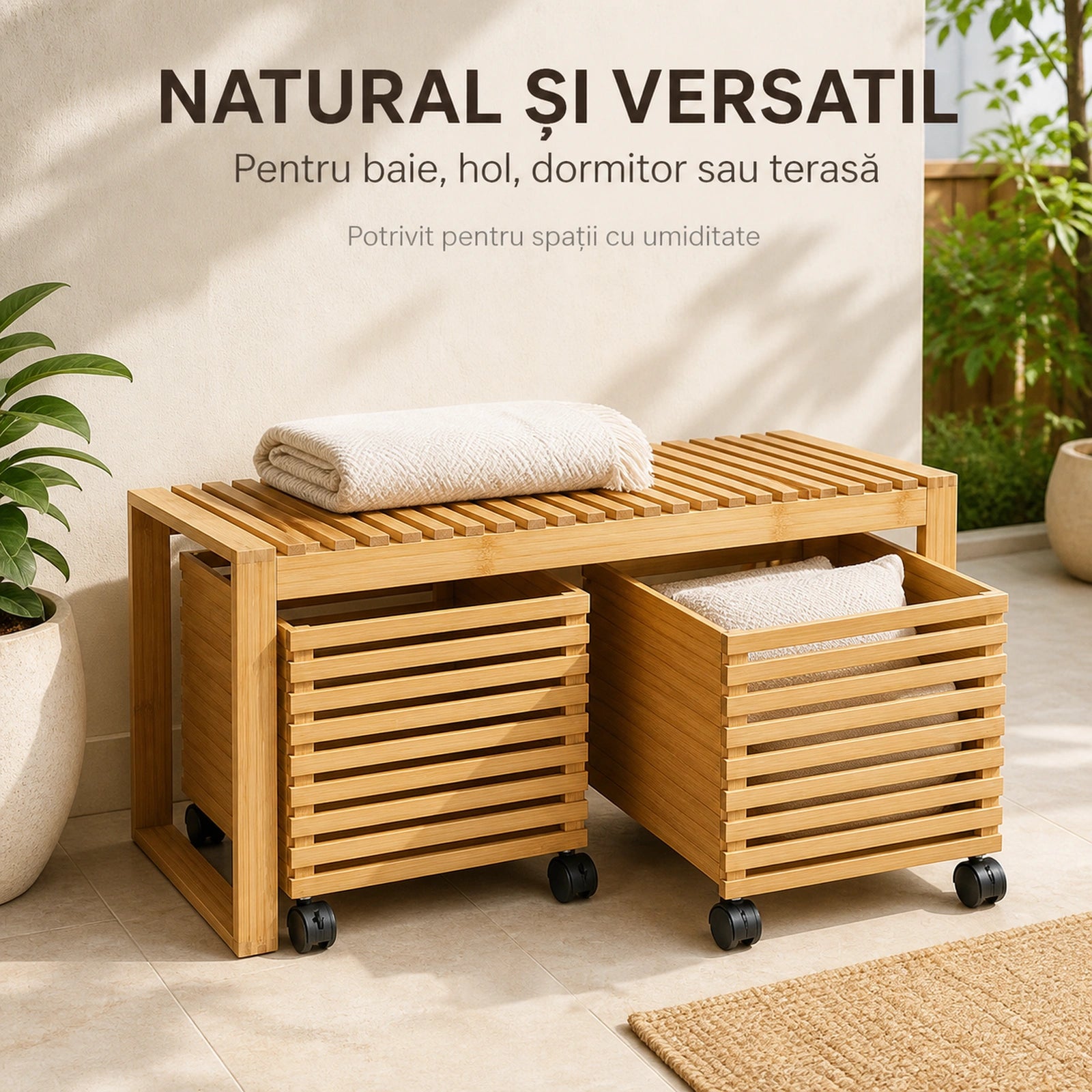 Cos de rufe HASEPE® din Bambus cu Taburet, cos depozitare cu 2 sertare pe roti, banca cu depozitare 38x38,5x75,6 cm