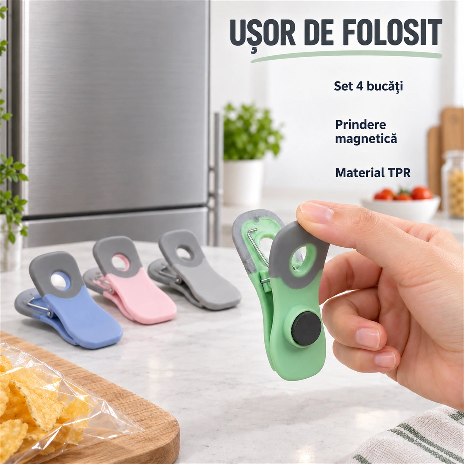Set 4 Clesti pentru pungi HASEPE® cu magnet, clesti pentru sigilat pungi alimentare si ambalaje mici, 7 x 3 cm
