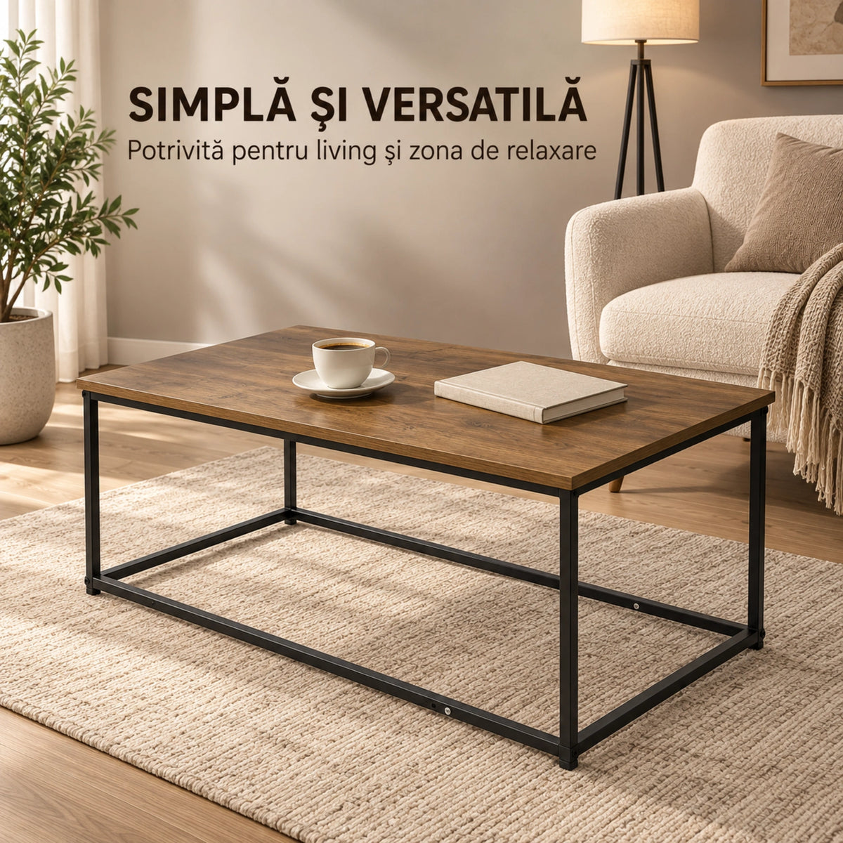 Masa HASEPE® Dreptunghiulara 90x48x40 cm, Blat MDF Culoare Naturala Si Cadru Metalic Negru, Masuta Pentru Living Si Interior