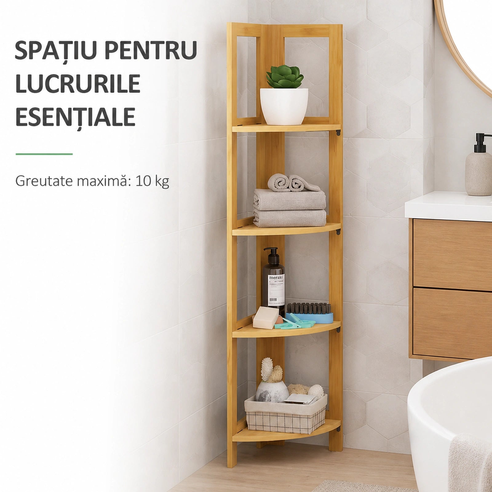 Raft de Colt HASEPE® din Bambus, 4 Polite, 39.5x27x120 cm, Raft Depozitare pentru Baie, Bucatarie si Casa