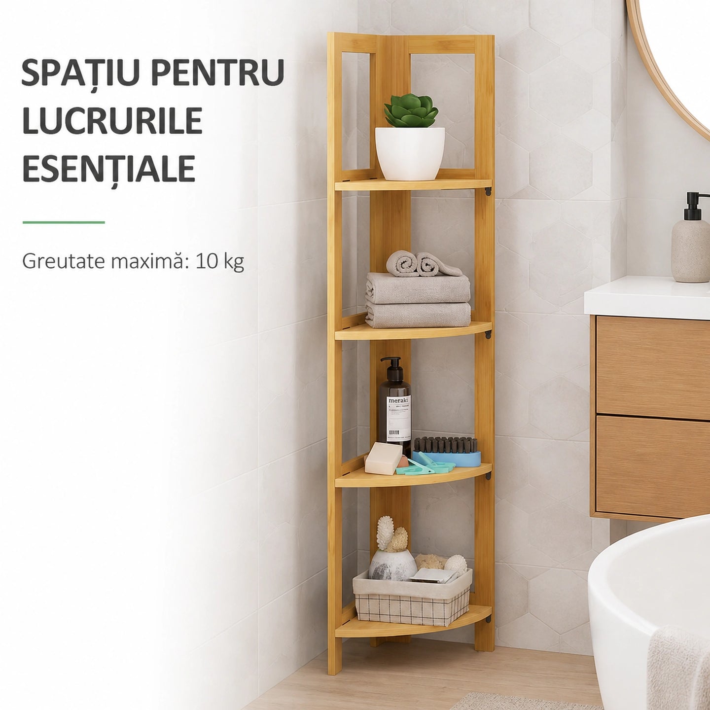 Raft de Colt HASEPE® din Bambus, 4 Polite, 39.5x27x120 cm, Raft Depozitare pentru Baie, Bucatarie si Casa