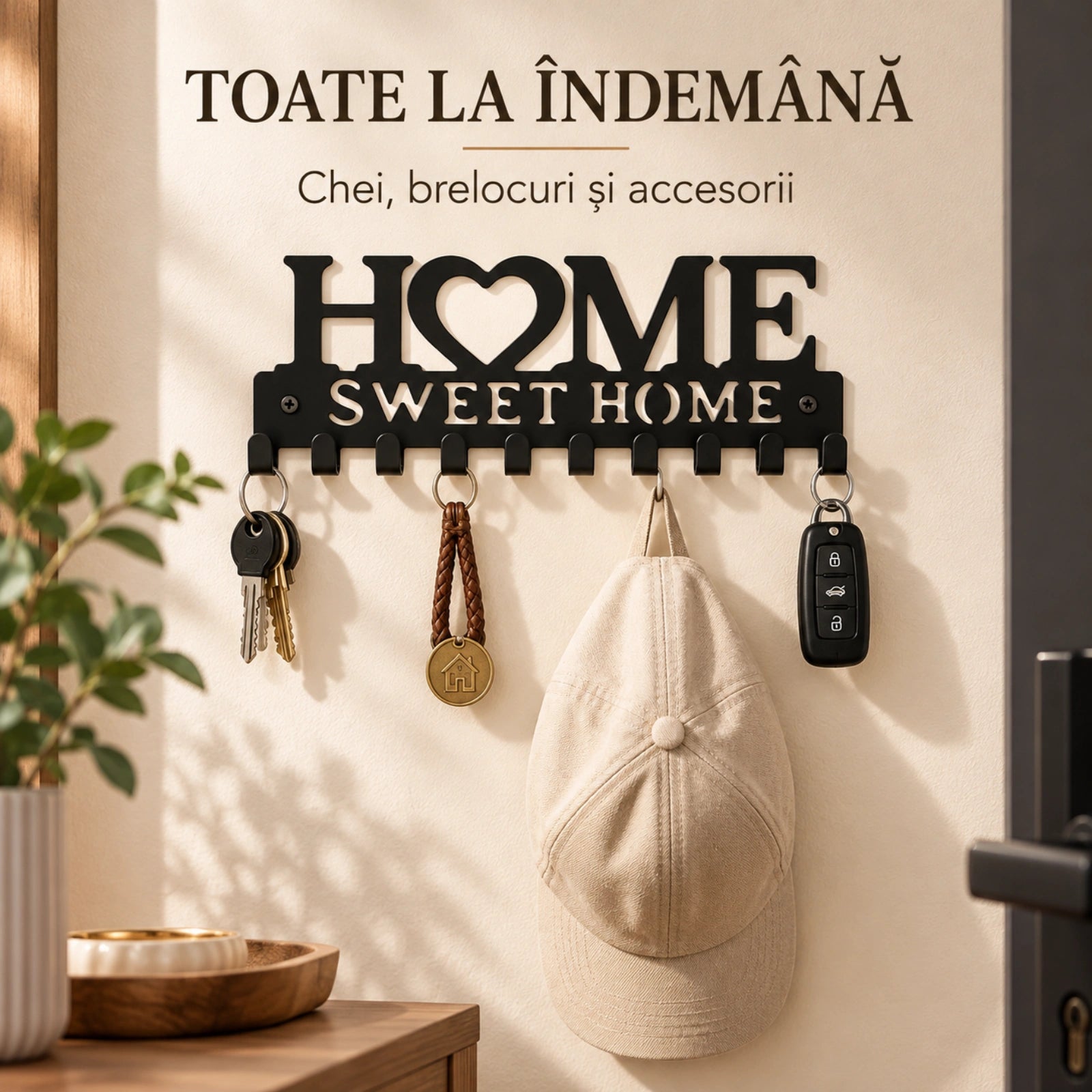 Cuier de perete HASEPE® metalic negru, 10 carlige, model Home Sweet Home, cuier perete pentru chei, 26x9,2x1,7 cm
