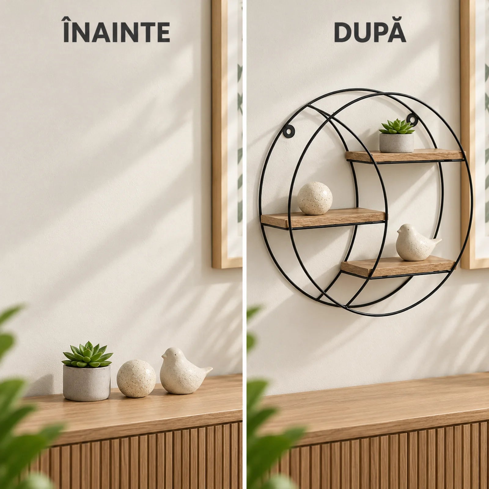 Raft Decorativ HASEPE® Rotund, cu 3 Niveluri din MDF si Cadru Metalic, Raft de Perete Ø30x9 cm
