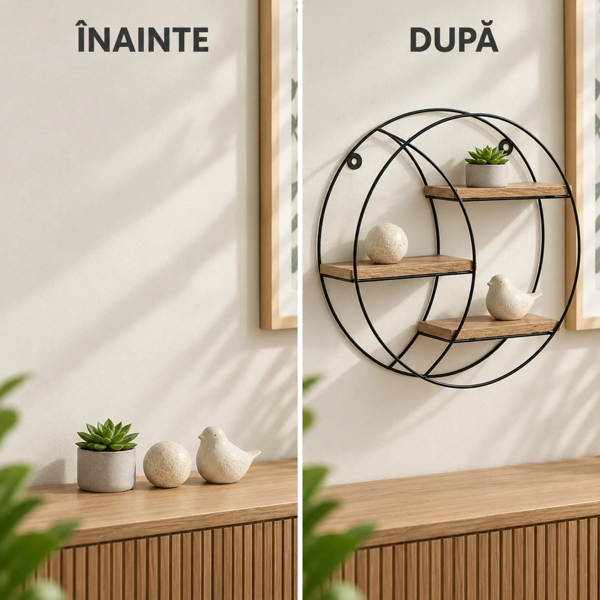 Raft Decorativ HASEPE® Rotund, cu 3 Niveluri din MDF si Cadru Metalic, Raft de Perete Ø30x9 cm